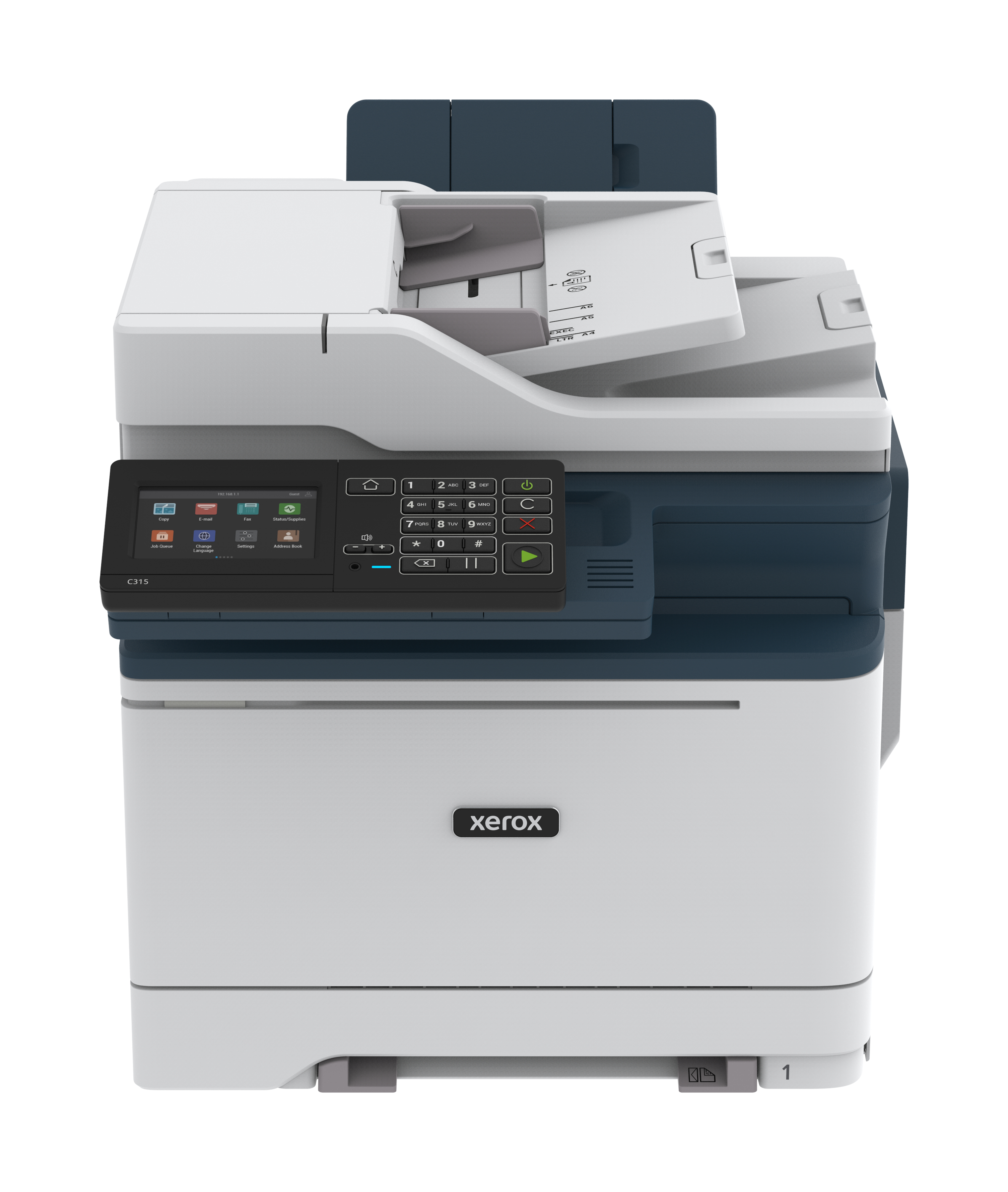 Una stampante Xerox bianca con touchscreen, vassoio superiore aperto e vari pulsanti sul davanti.