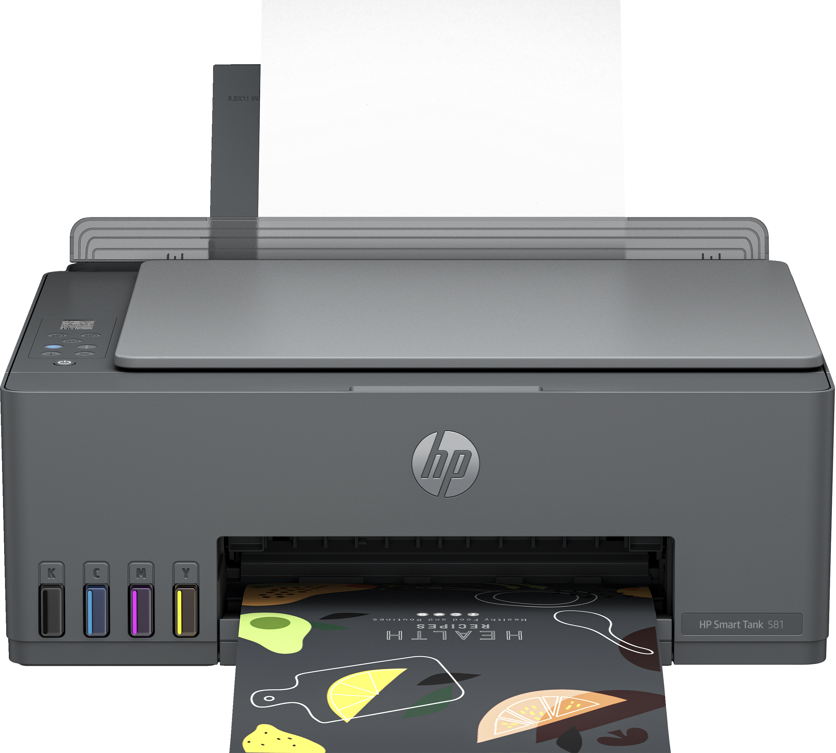 HP Smart Tank 581 Drucker. Der Drucker zeigt den offenen Deckel mit Papier und Tintenpatronen.