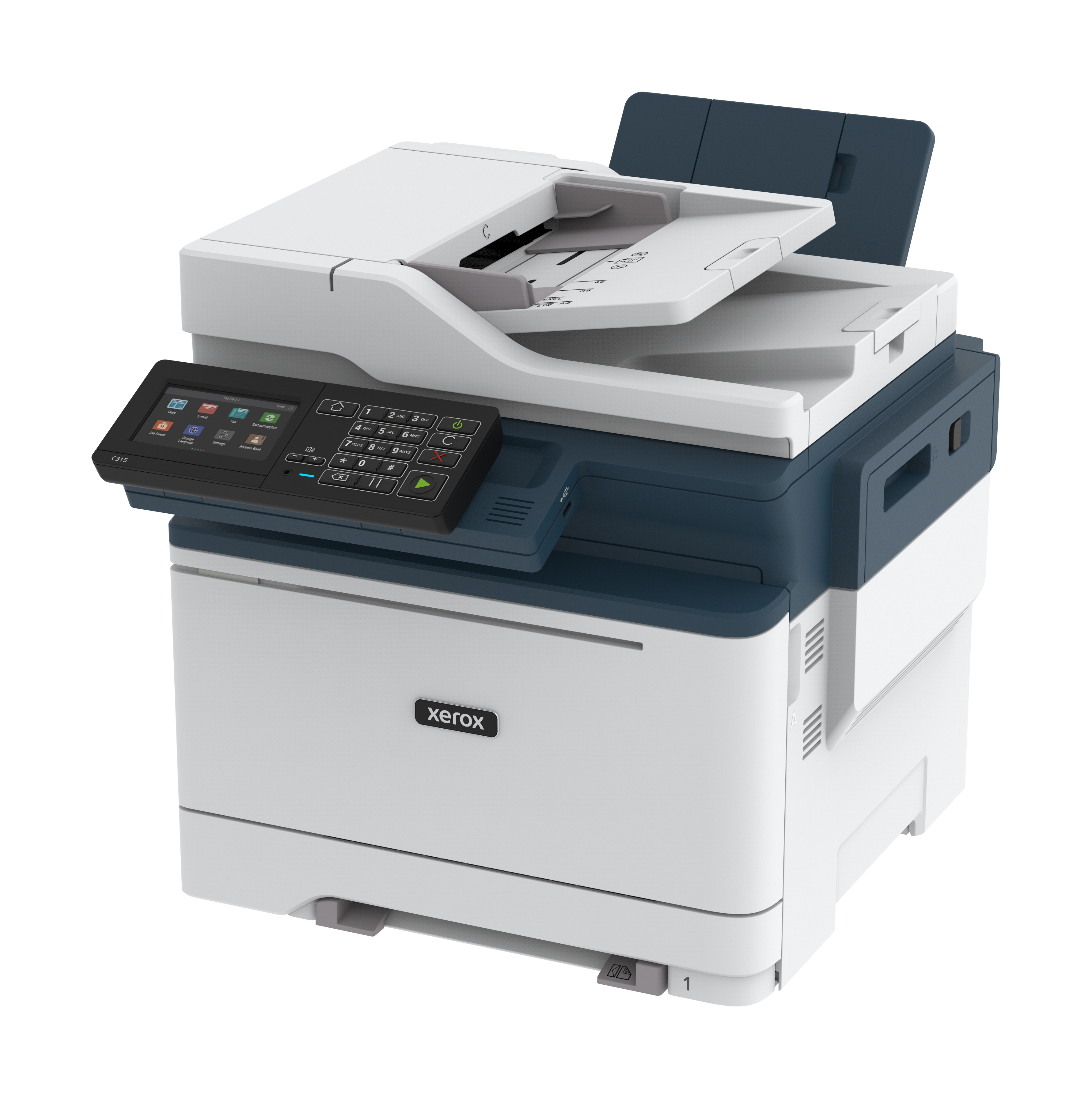 Stampante Xerox, corpo bianco, parte superiore blu scuro. Pannello di controllo a sinistra. Parte superiore aperta.