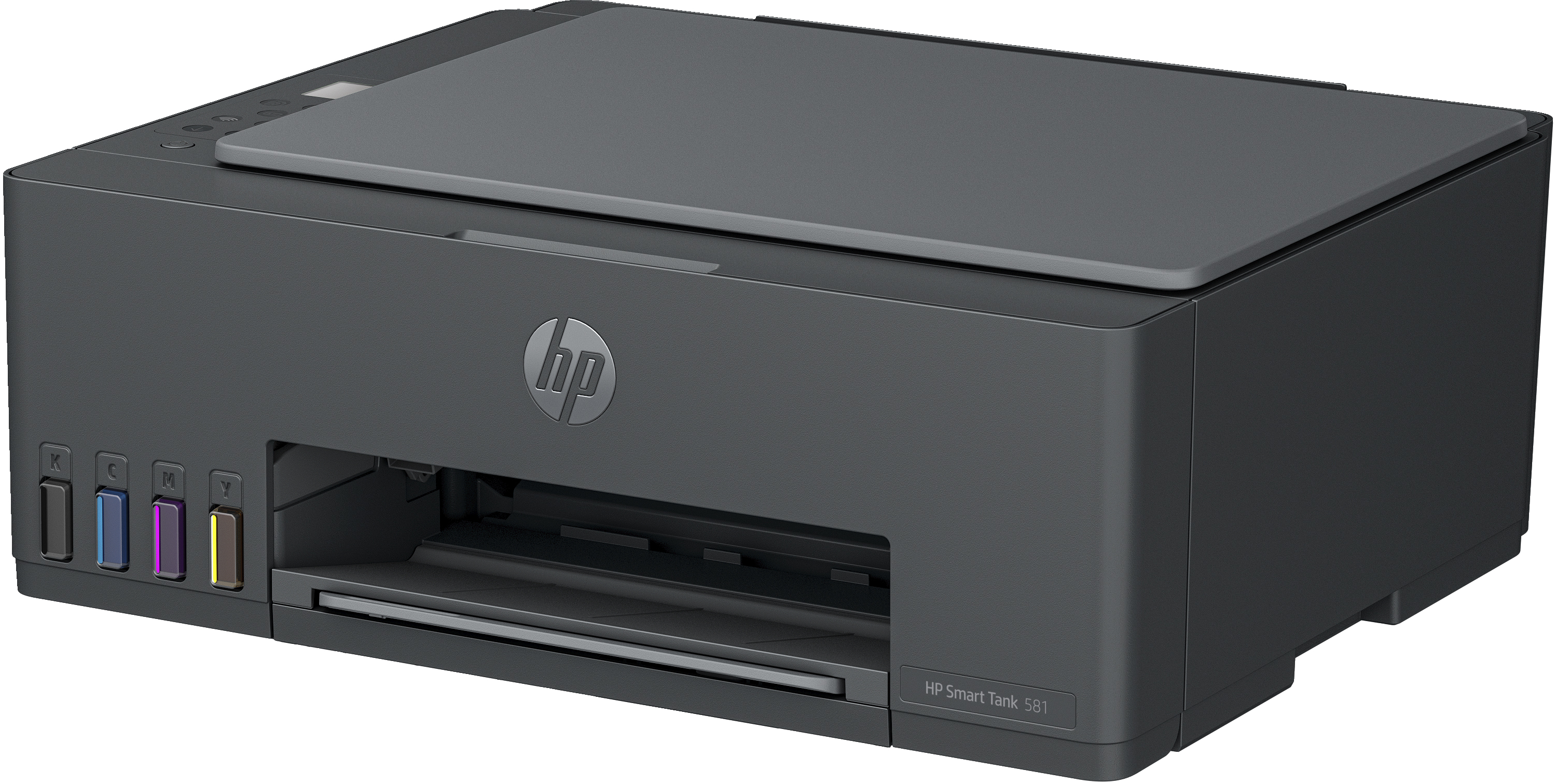 Schwarzer HP Smart Tank 5B1 Drucker. Schräge Ansicht, mit sichtbaren Tintenbehältern.