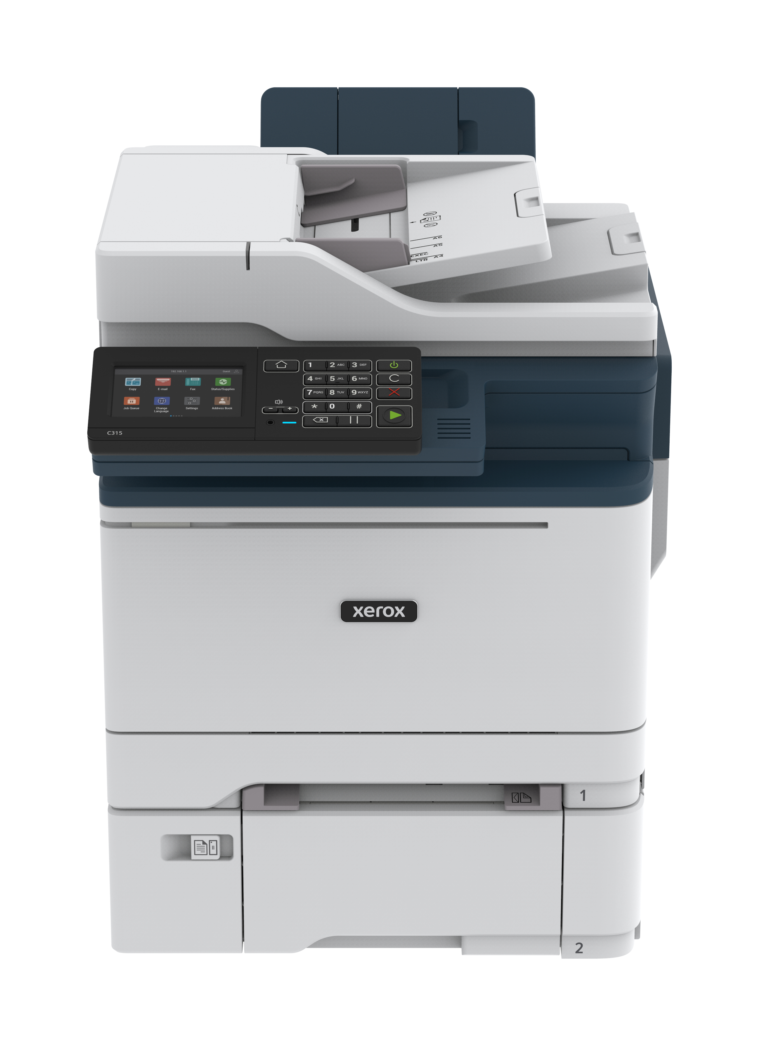 Stampante Xerox, bianca e blu scuro, vista frontale, sfondo bianco.