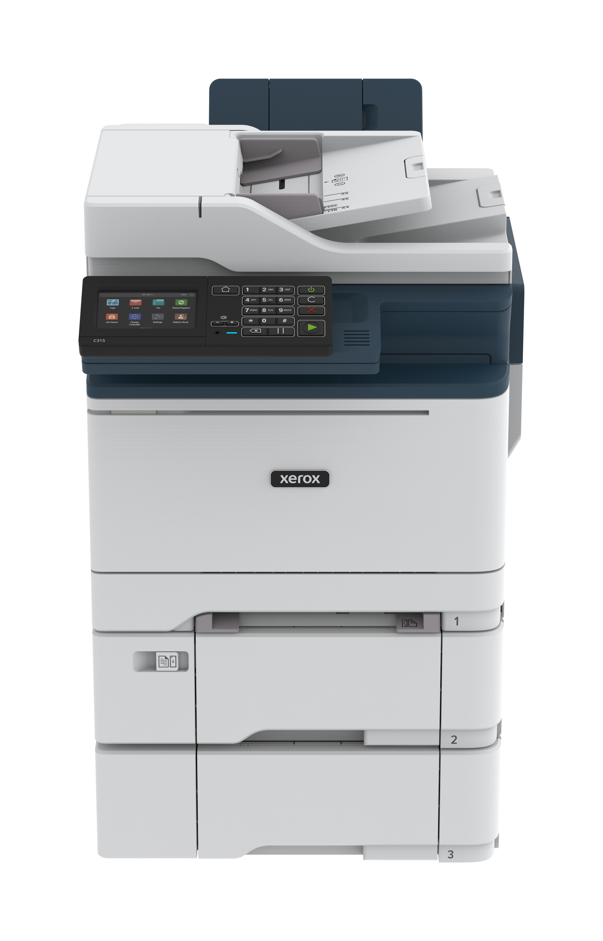 Stampante Xerox bianca e blu. Design alto, multilivello, con interfaccia touchscreen.
