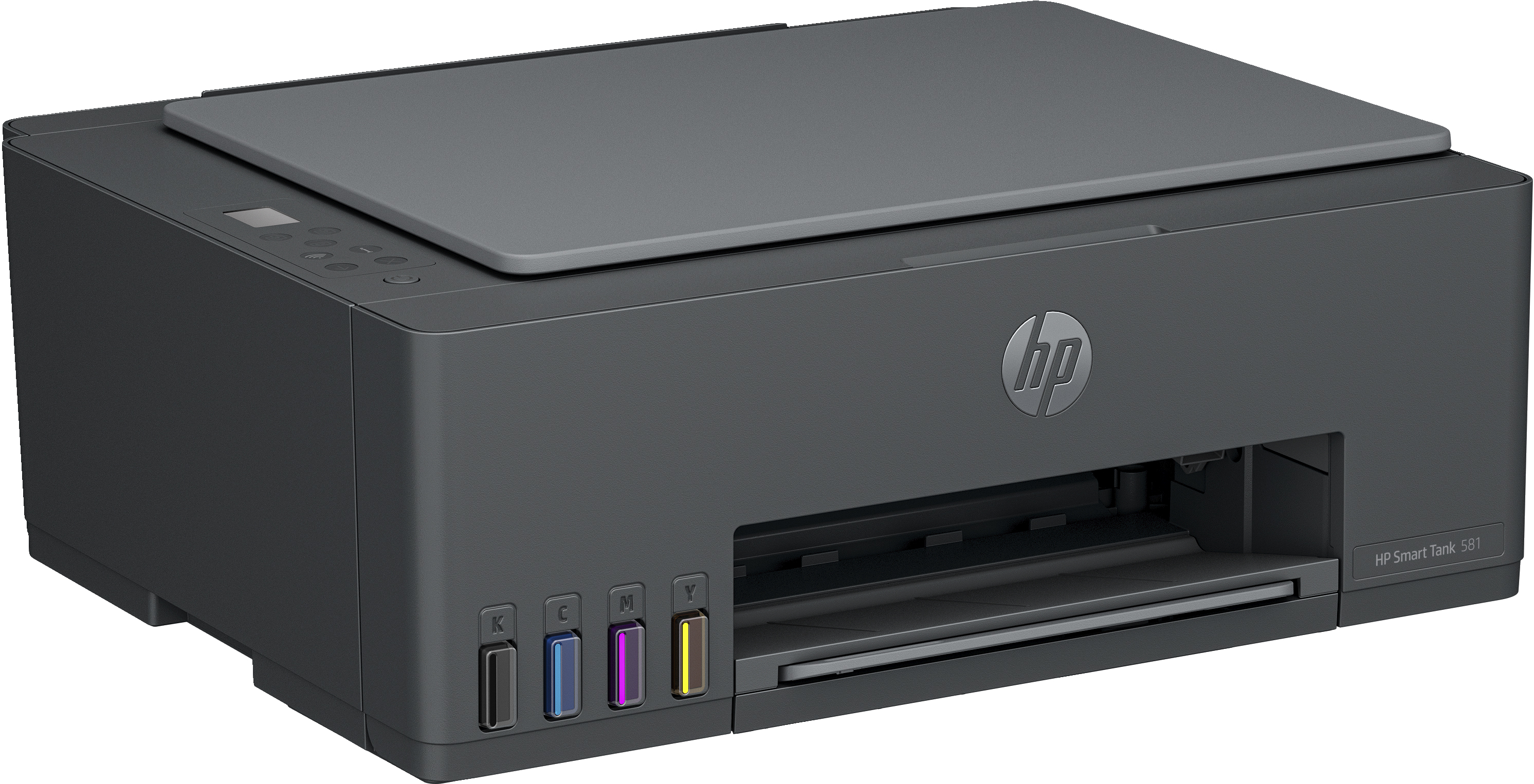 Ein dunkelgrauer HP Smart Tank 581 Drucker. Tintenpatronen sind sichtbar.