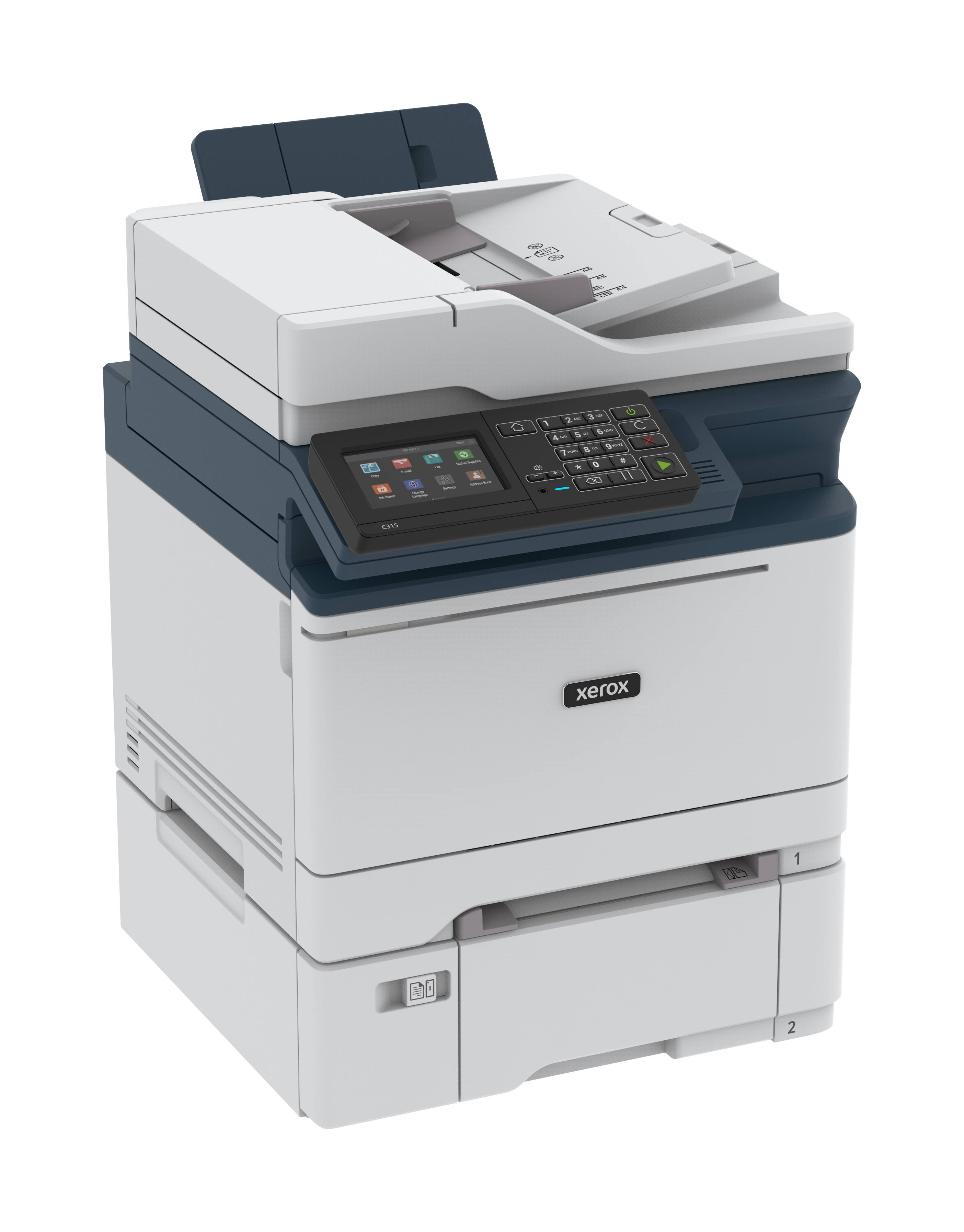 Una stampante multifunzione Xerox con touchscreen e vassoio carta, bianca e grigio scuro.