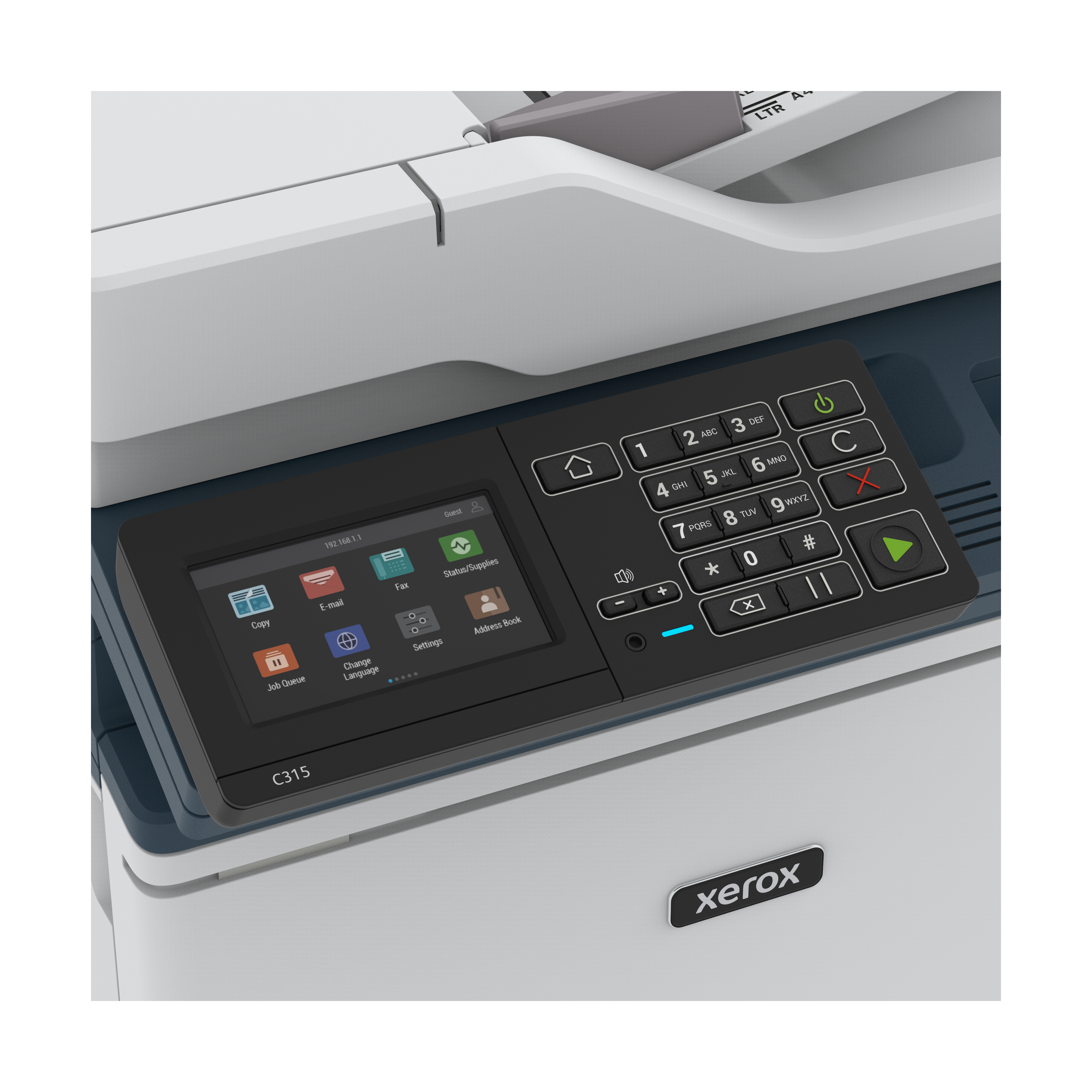 Pannello di controllo della stampante Xerox. Mostra un touchscreen e pulsanti. Il logo Xerox è visibile.