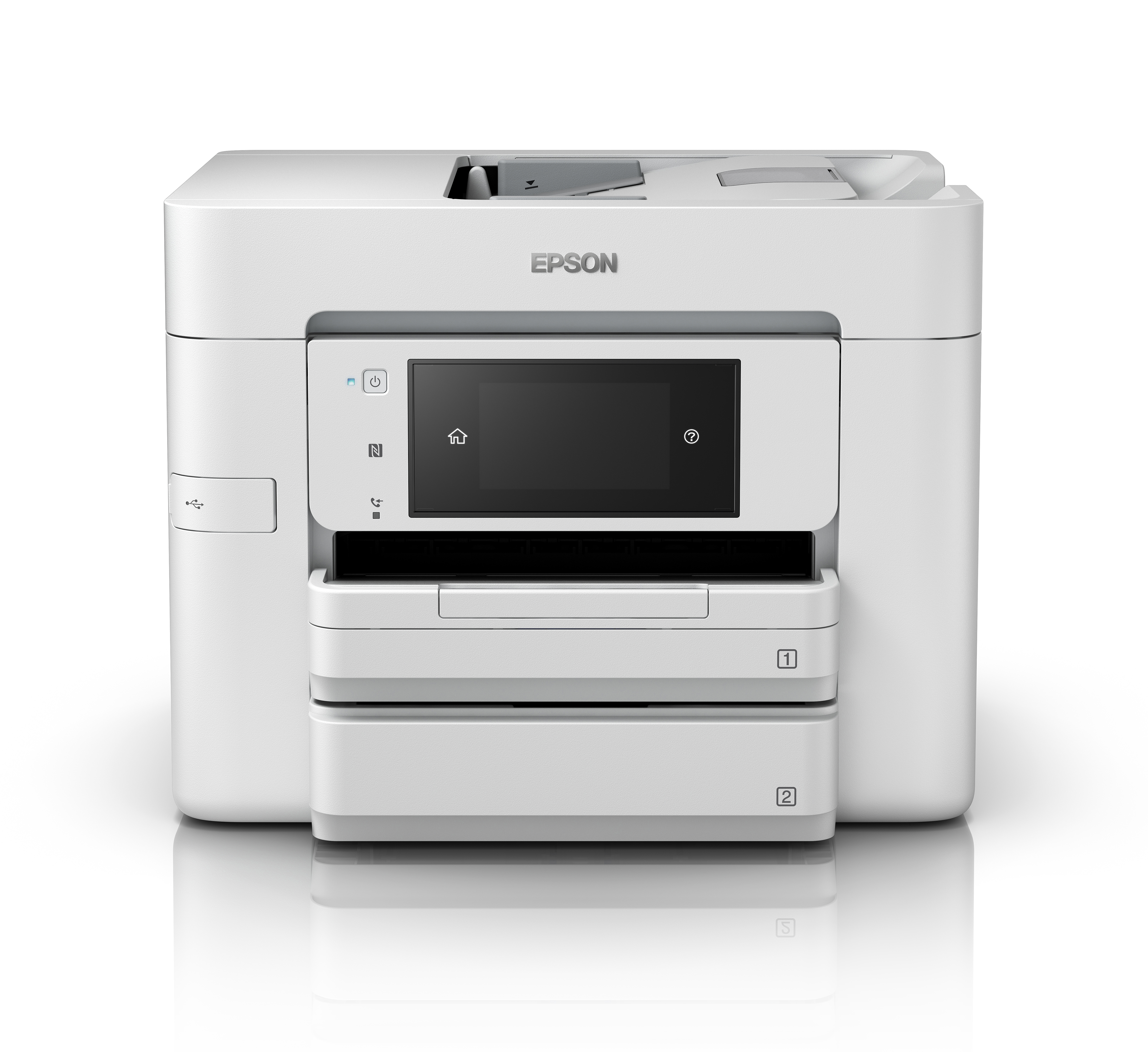 Una stampante Epson bianca. Ha un display e un vassoio carta. Il marchio è visibile.