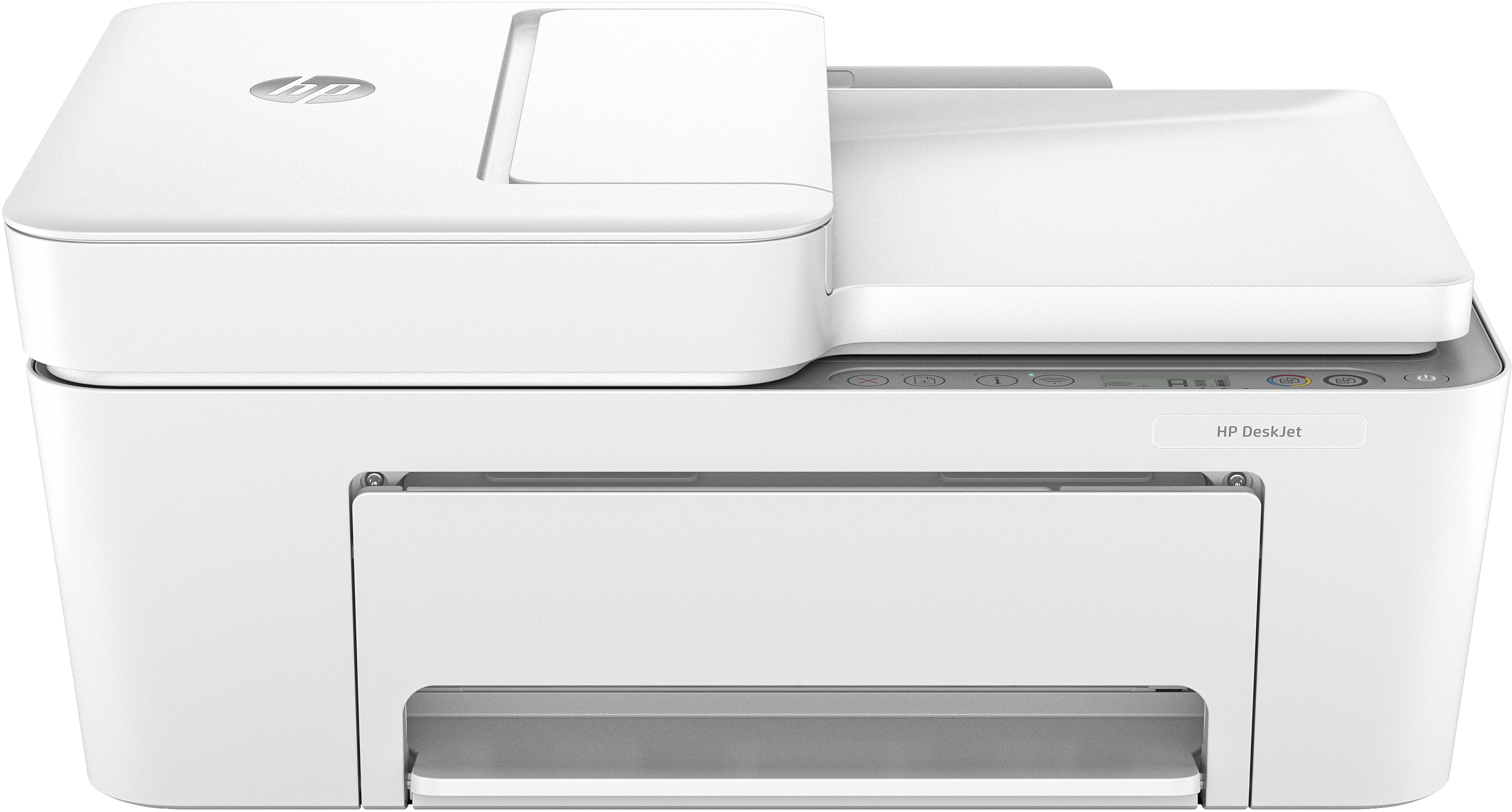 Impresora HP Deskjet blanca. La parte superior tiene un escáner y una bandeja de papel.