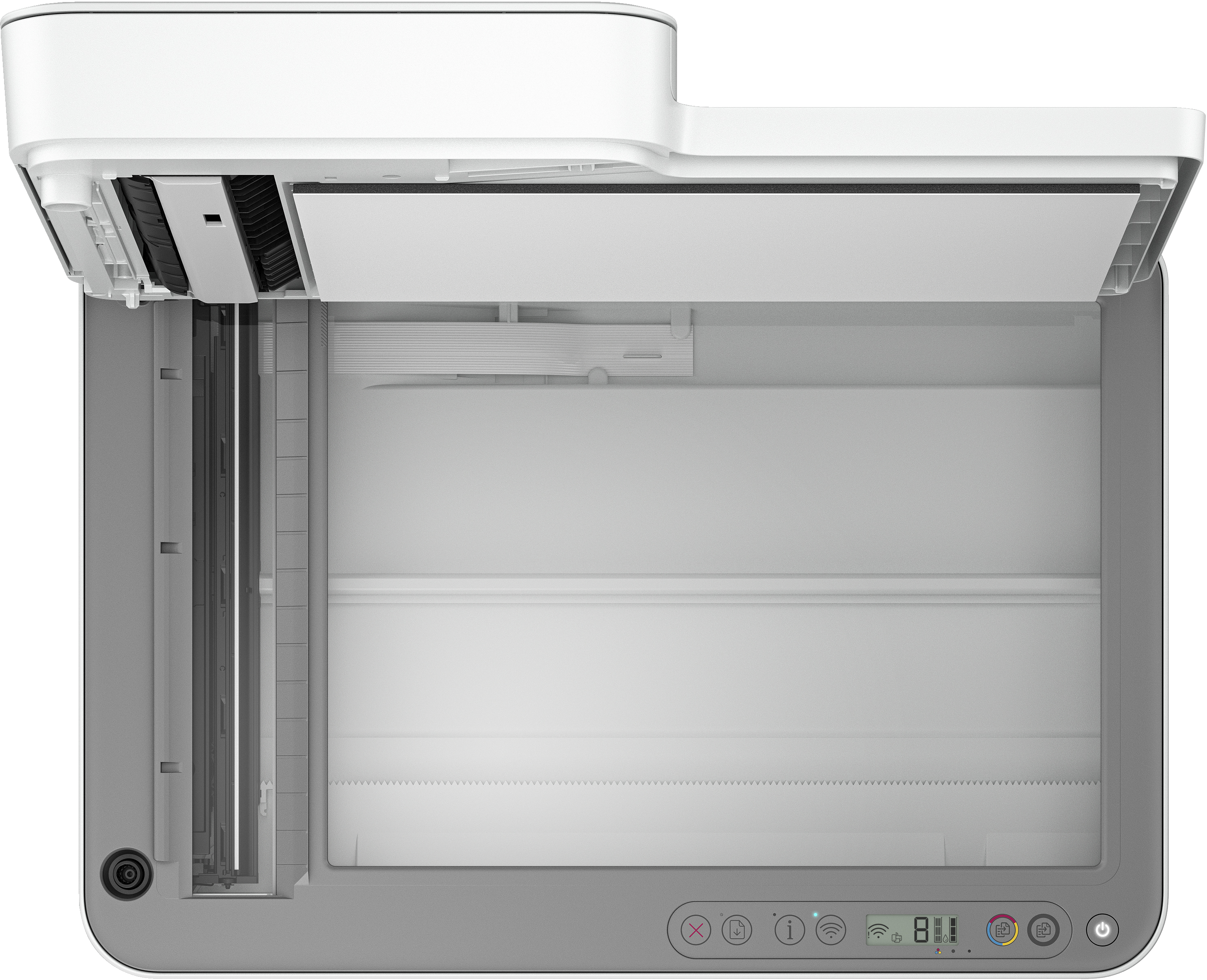 Vista superior de una impresora HP gris con la tapa del escáner abierta, cama de escaneo visible.