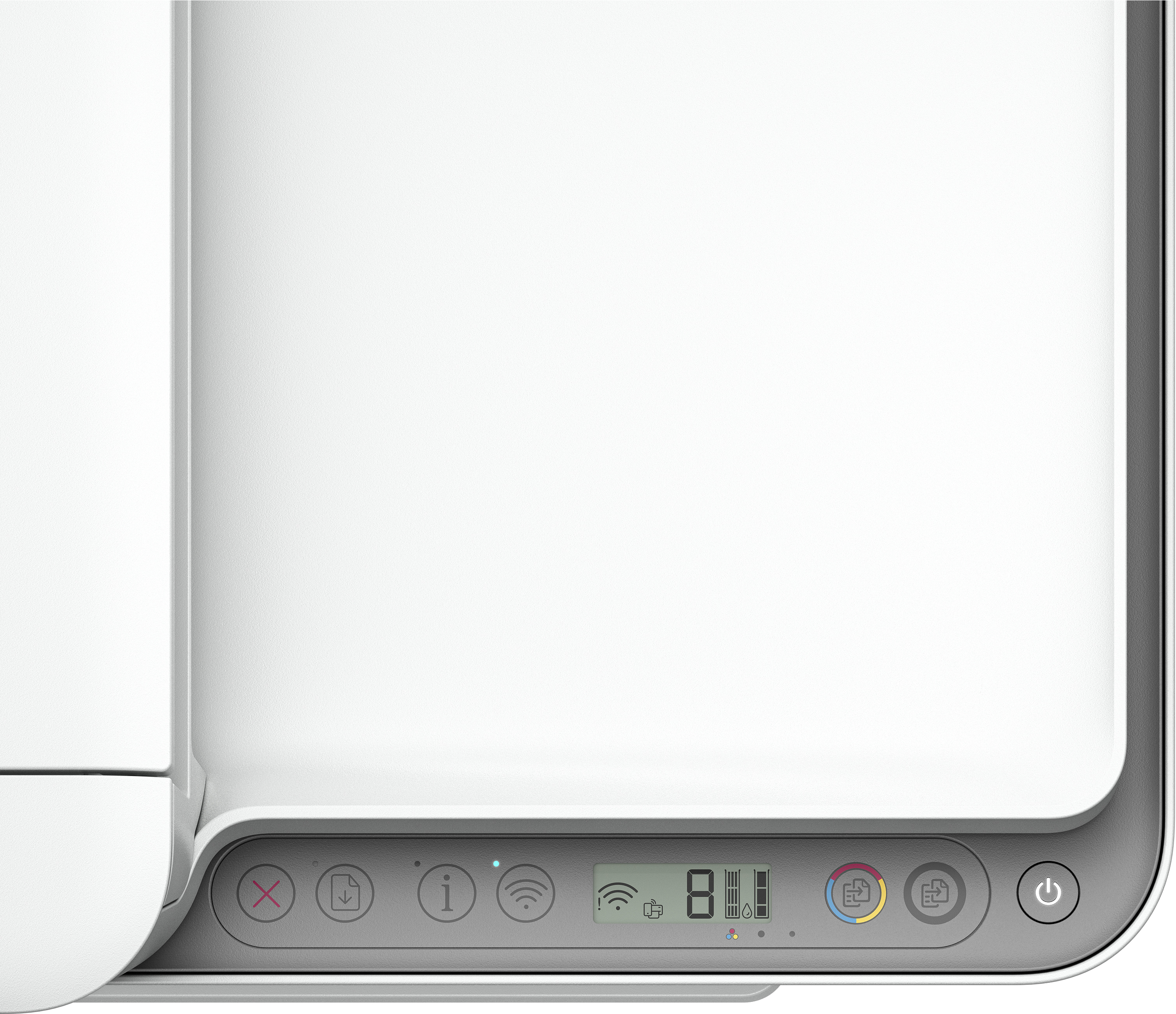 Primer plano del panel de control de una impresora blanca con botones y pantalla.