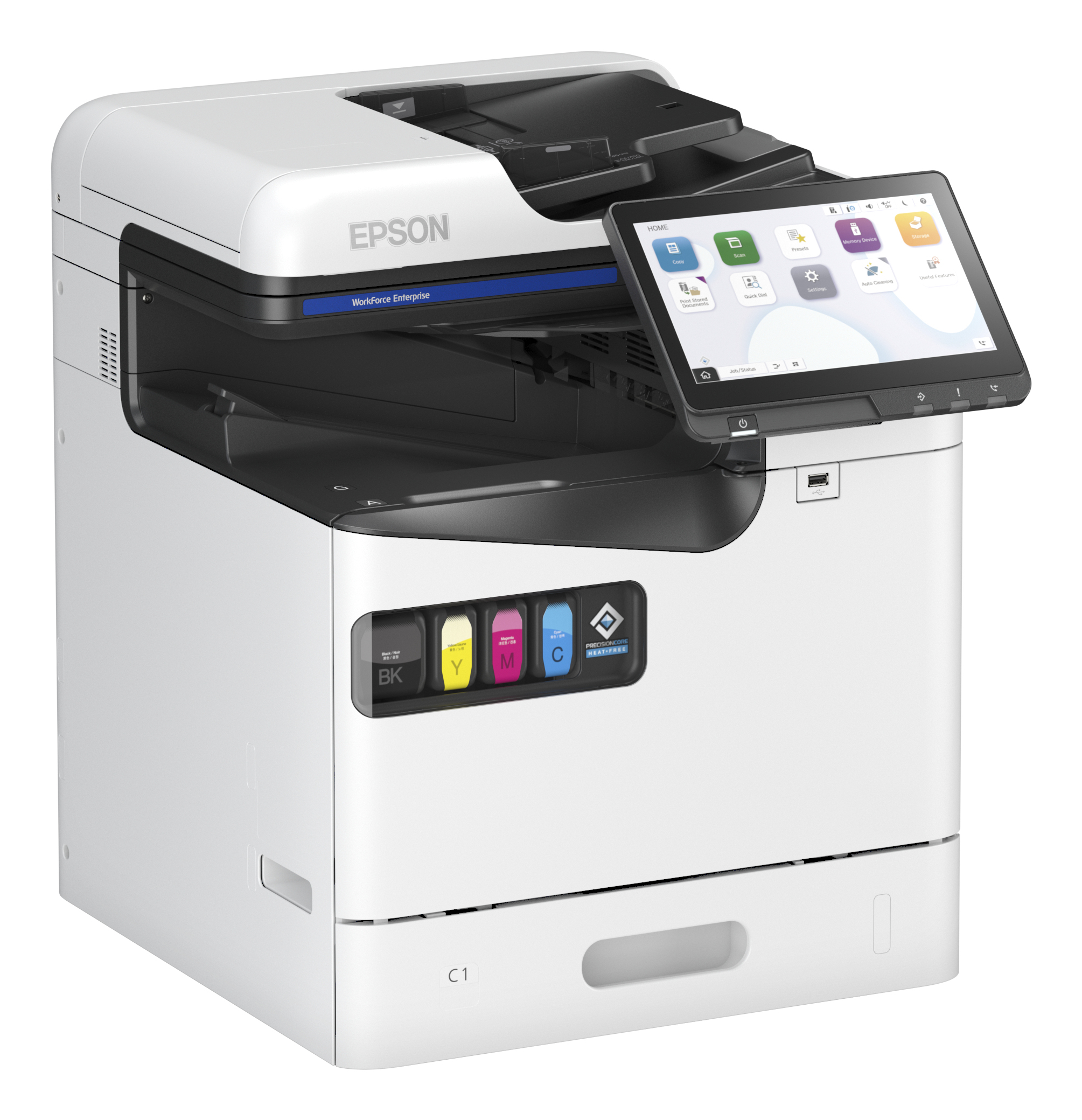 Biało-czarna drukarka Epson z ekranem dotykowym. Pokazuje logo Epson i panel sterowania w prawym górnym rogu.