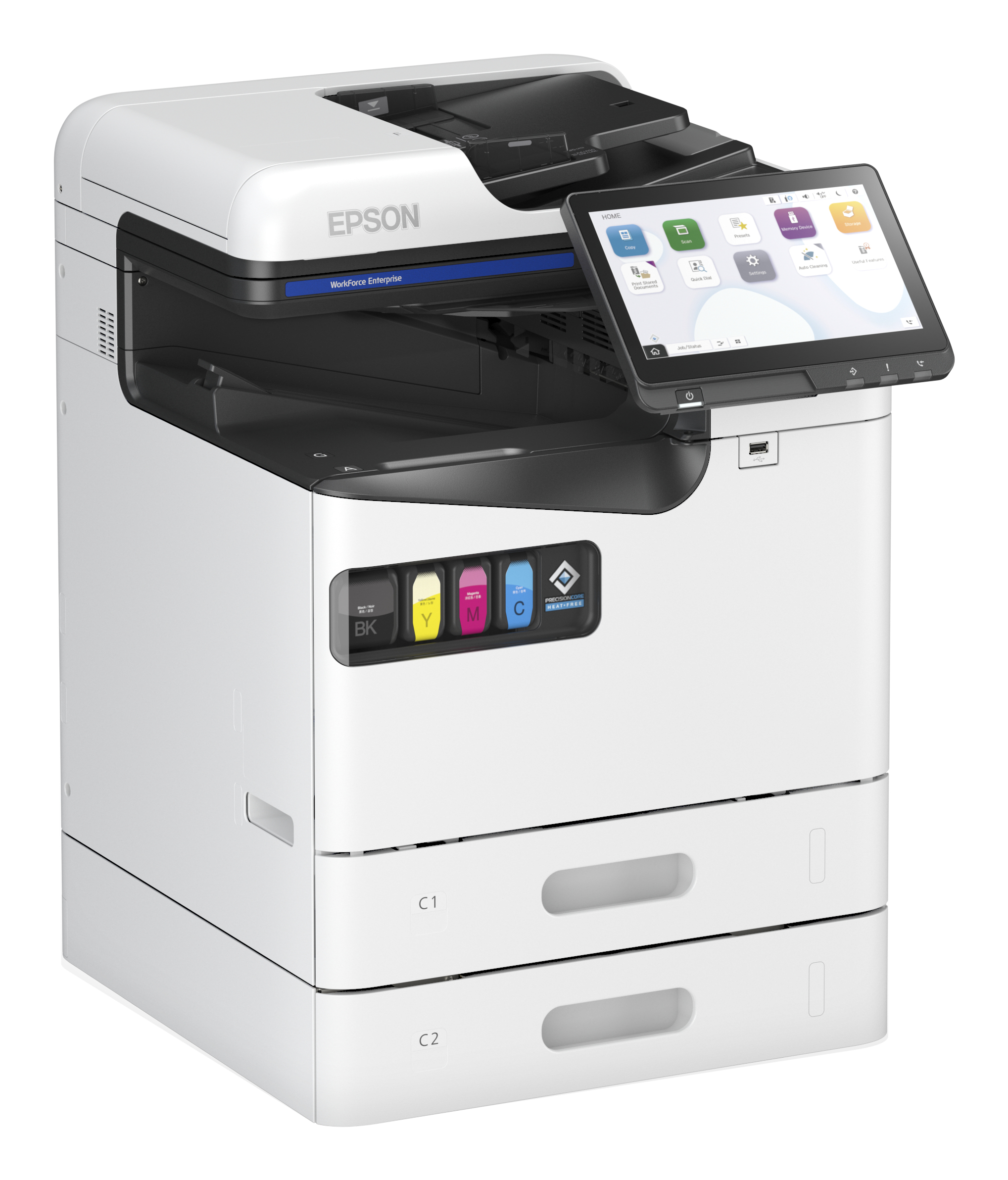Biała drukarka Epson z ekranem dotykowym. Posiada dwa podajniki papieru i wiele wkładów atramentowych.