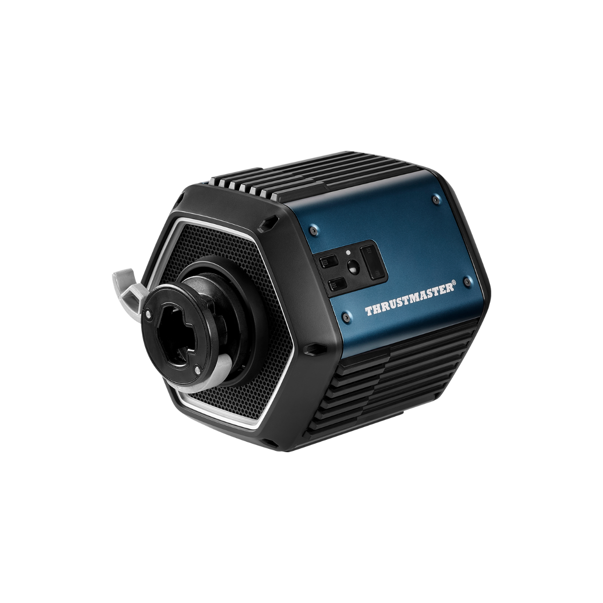 Base del volante Thrustmaster nera e blu.
