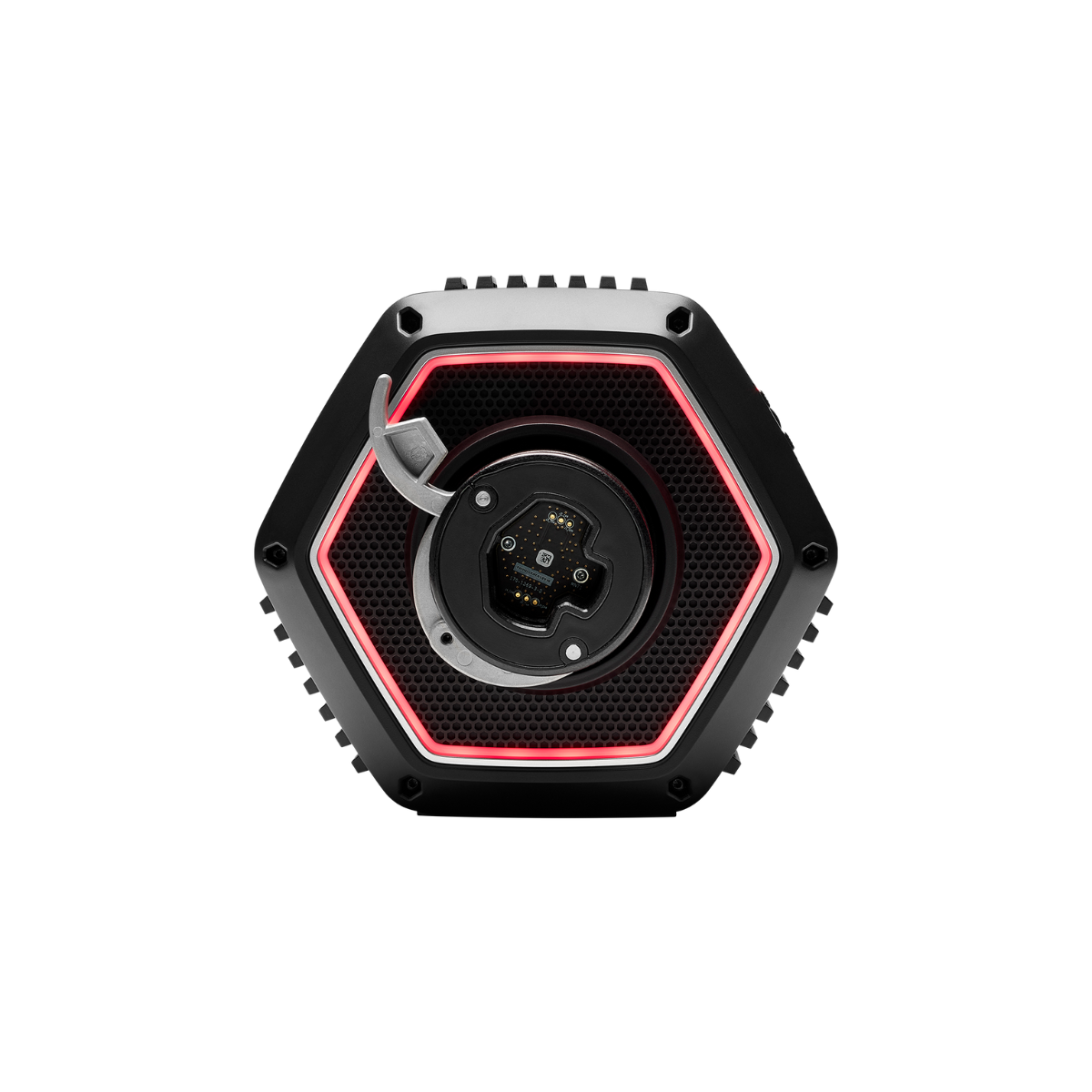 Un dispositivo nero e argento con un anello illuminato rosso.