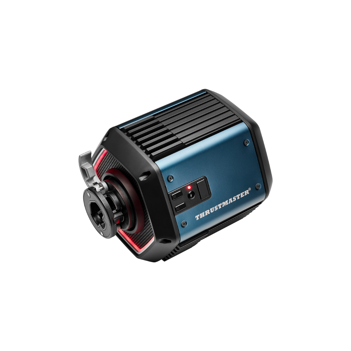 Base Thrustmaster blu e nera. Ha luce rossa e pulsanti, vista dall'alto.