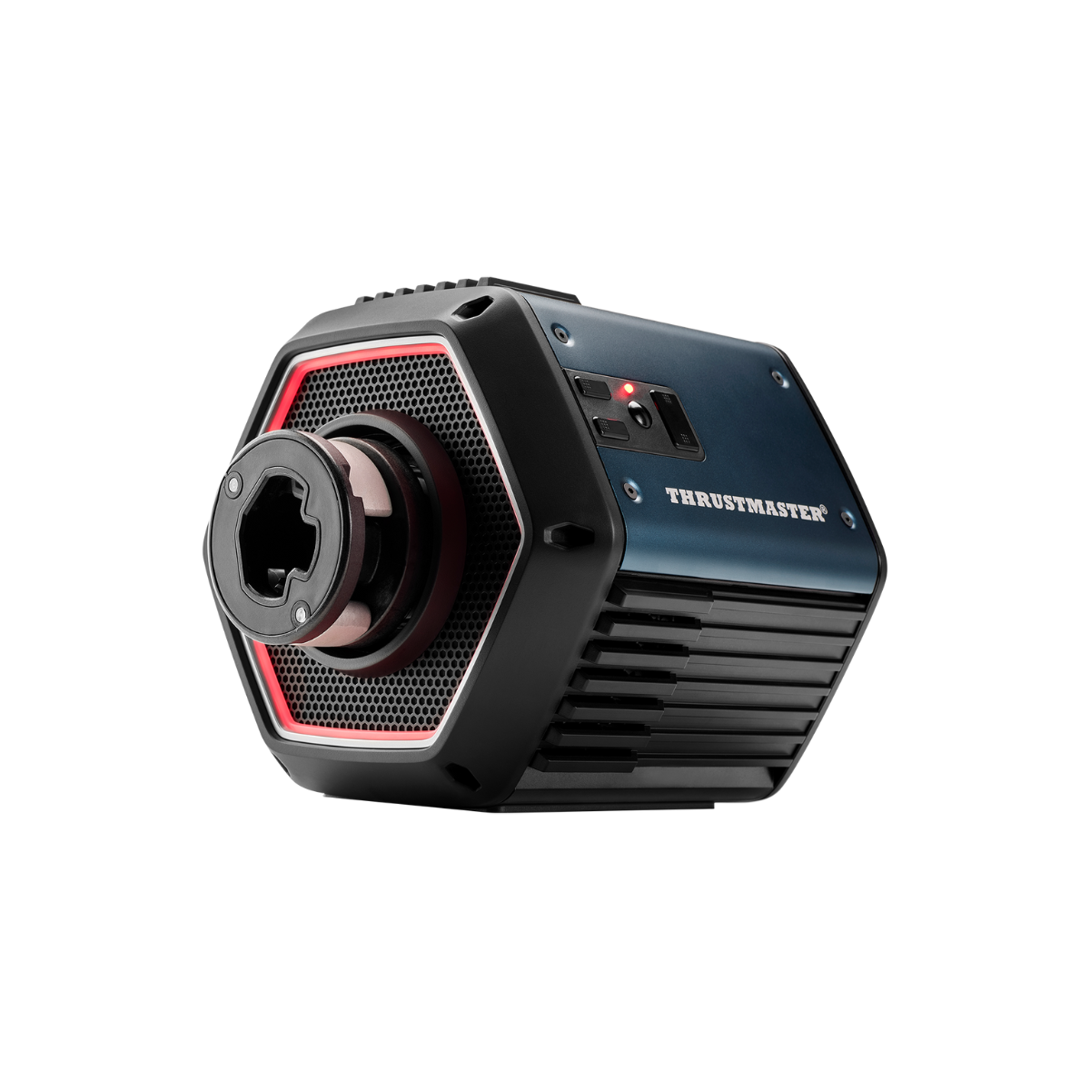 Base per volante da gioco blu scuro e nero. Accenti rossi e logo Thrustmaster visibili.