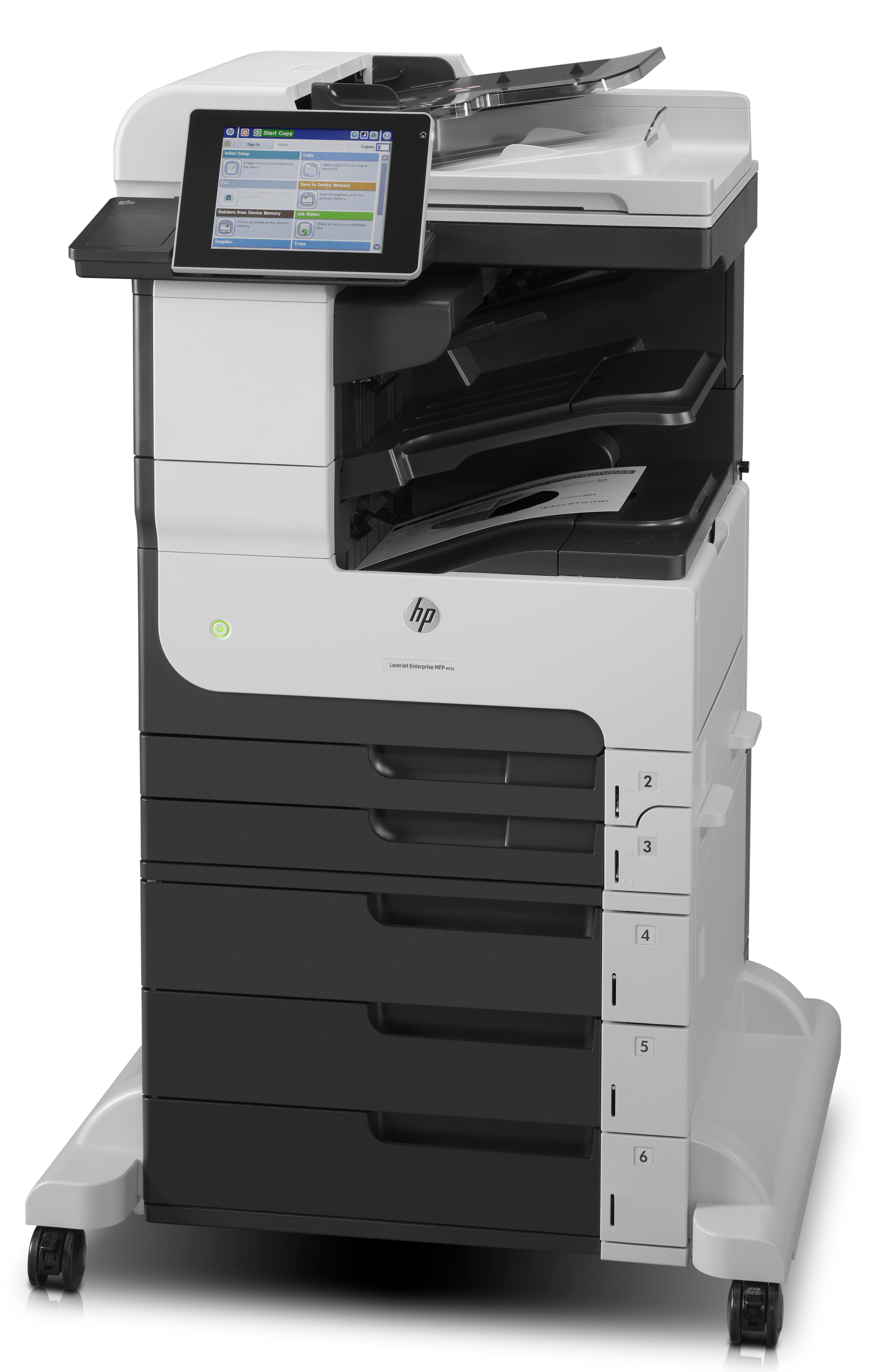 Ein großer HP-Drucker mit Touchscreen-Display und 6 Schubladen. Weiß und schwarz mit einem hellgrünen Licht.
