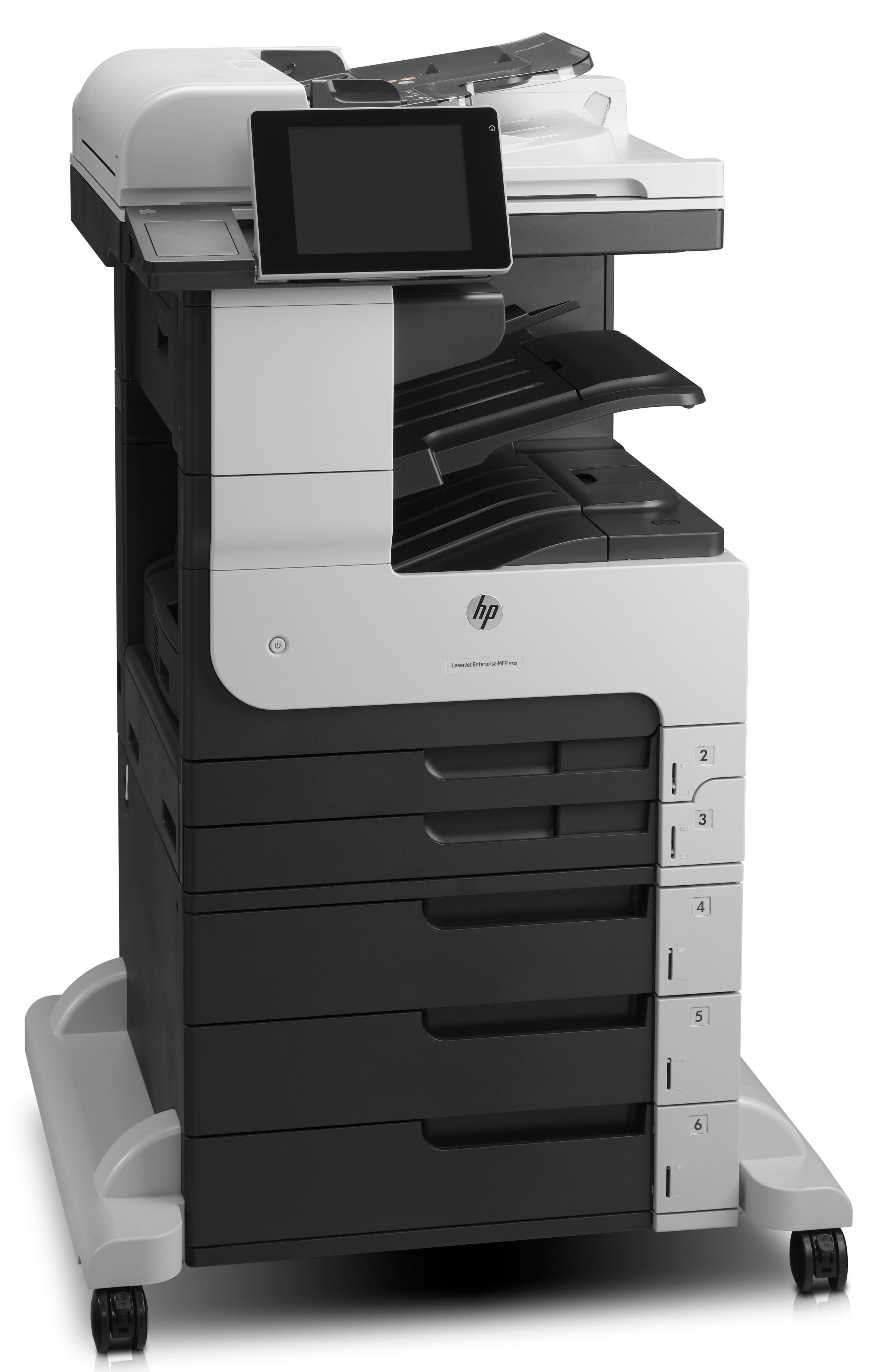 Ein großer HP-Drucker mit Touchscreen-Display und 6 Schubladen. Weiß und schwarz. Der Drucker steht.