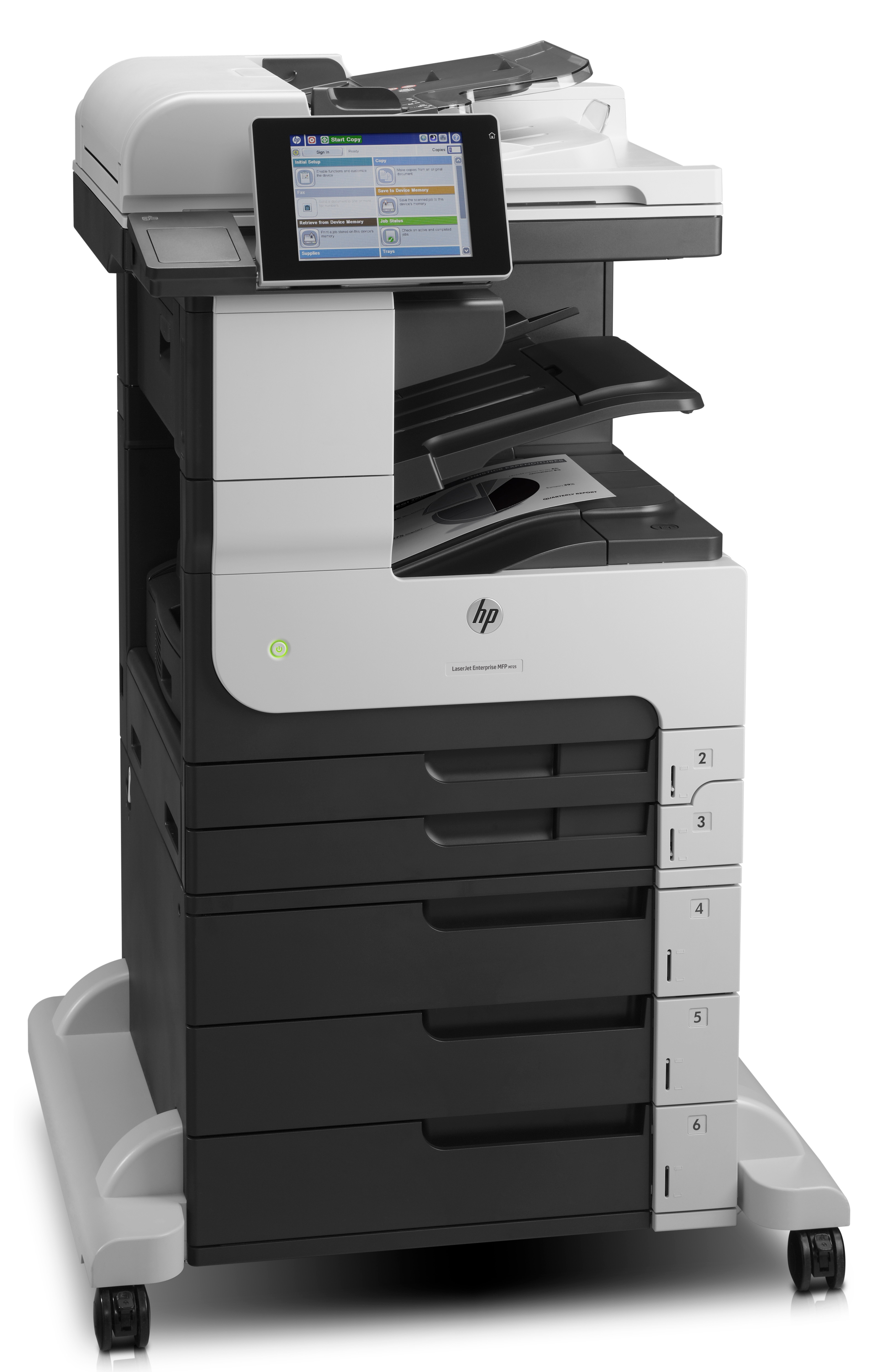 Ein großer HP-Drucker mit Touchscreen-Display und 6 Schubladen. Weiß und schwarz. Der Drucker steht.