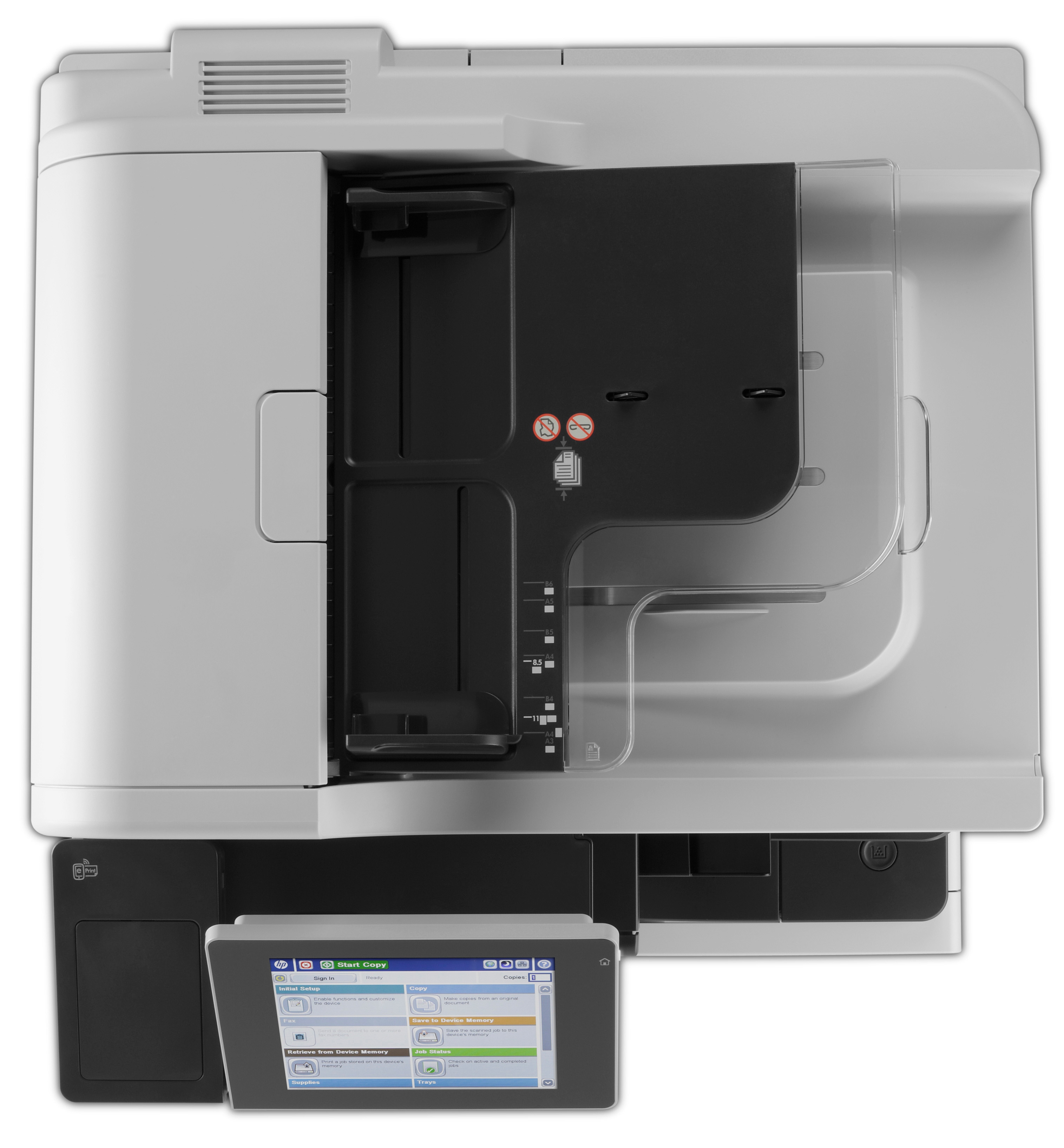 Ein Drucker wird mit geöffnetem Panel gezeigt. Unten ist ein Touchscreen-Display zu sehen.
