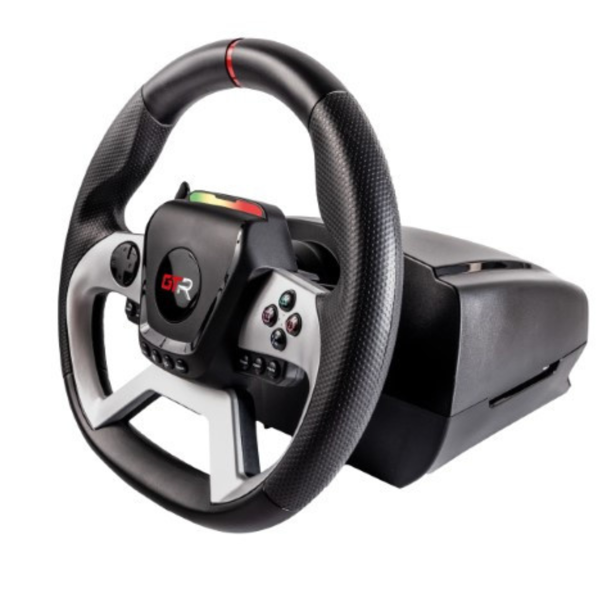 Volante de carreras negro y plateado con botones. El volante está sobre fondo blanco.