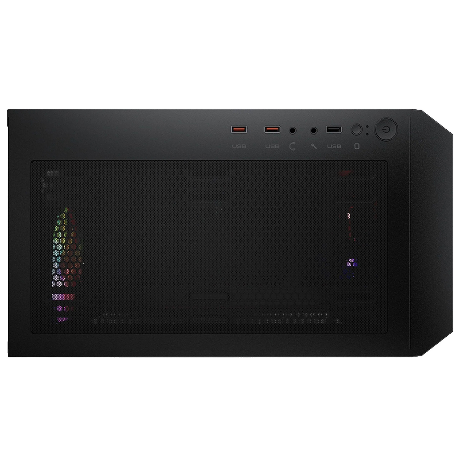Vista frontal de caja de computadora negra, con panel de malla, puertos USB y botón de encendido.