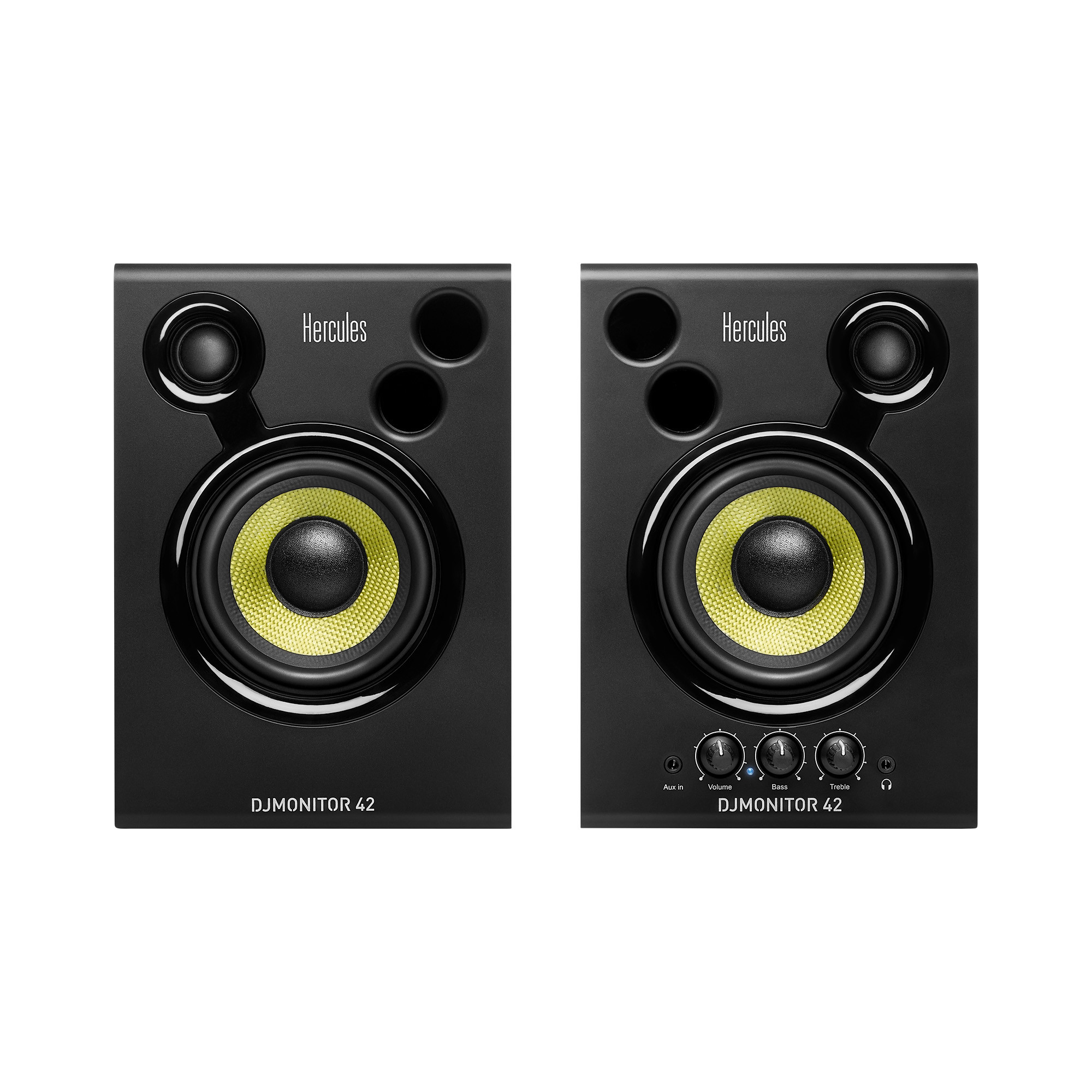 Twee zwarte Hercules DJMonitor 42 luidsprekers met gele middenkegels. Hercules en DJMONITOR 42 labels zijn zichtbaar.