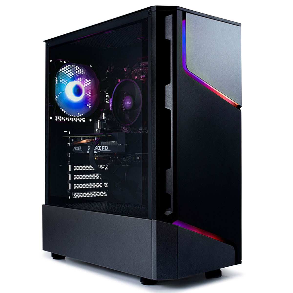 Torre de PC para juegos negra con panel lateral de vidrio, que muestra componentes internos.