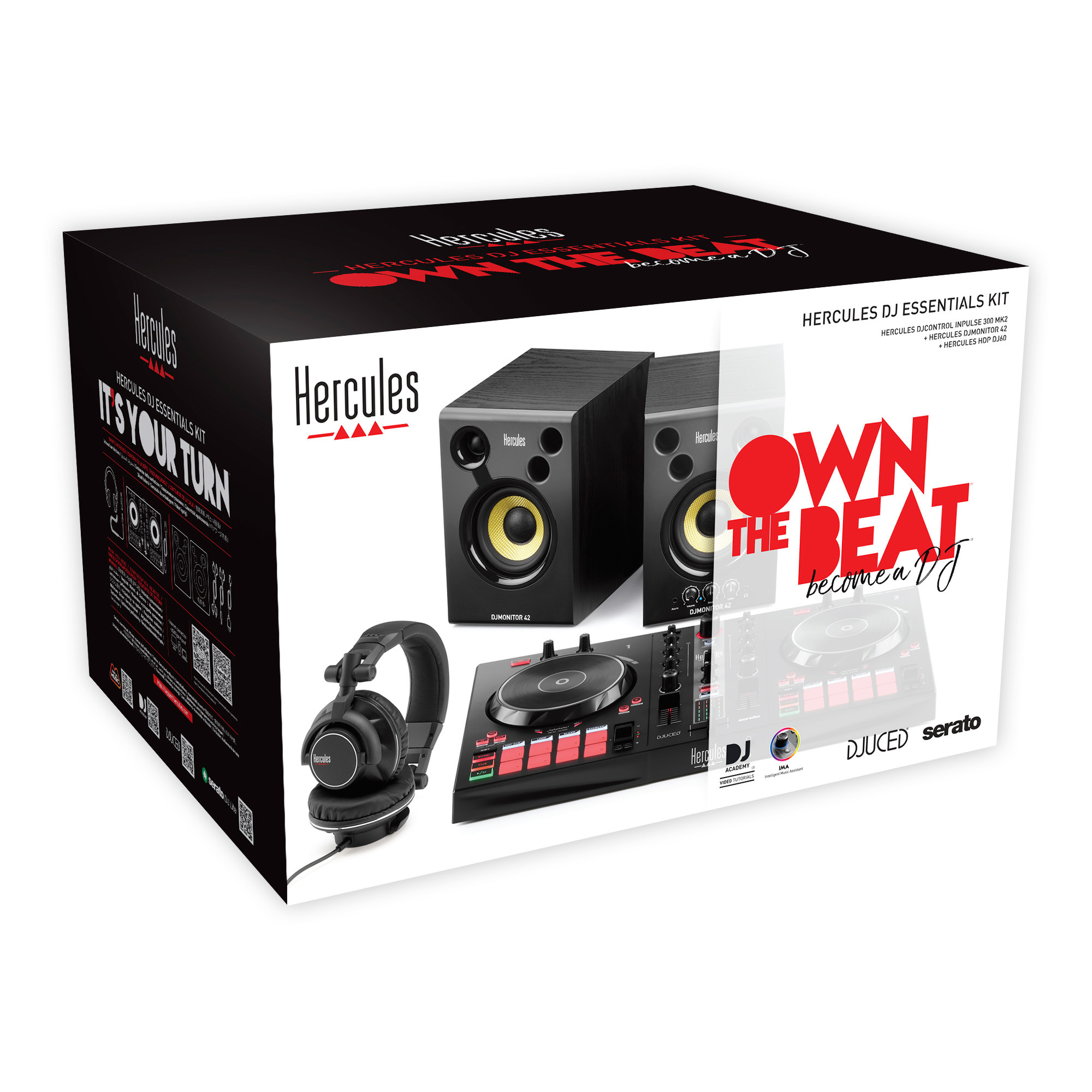 Een DJ essentials kit in een zwarte doos met speakers, koptelefoon en een DJ controller.