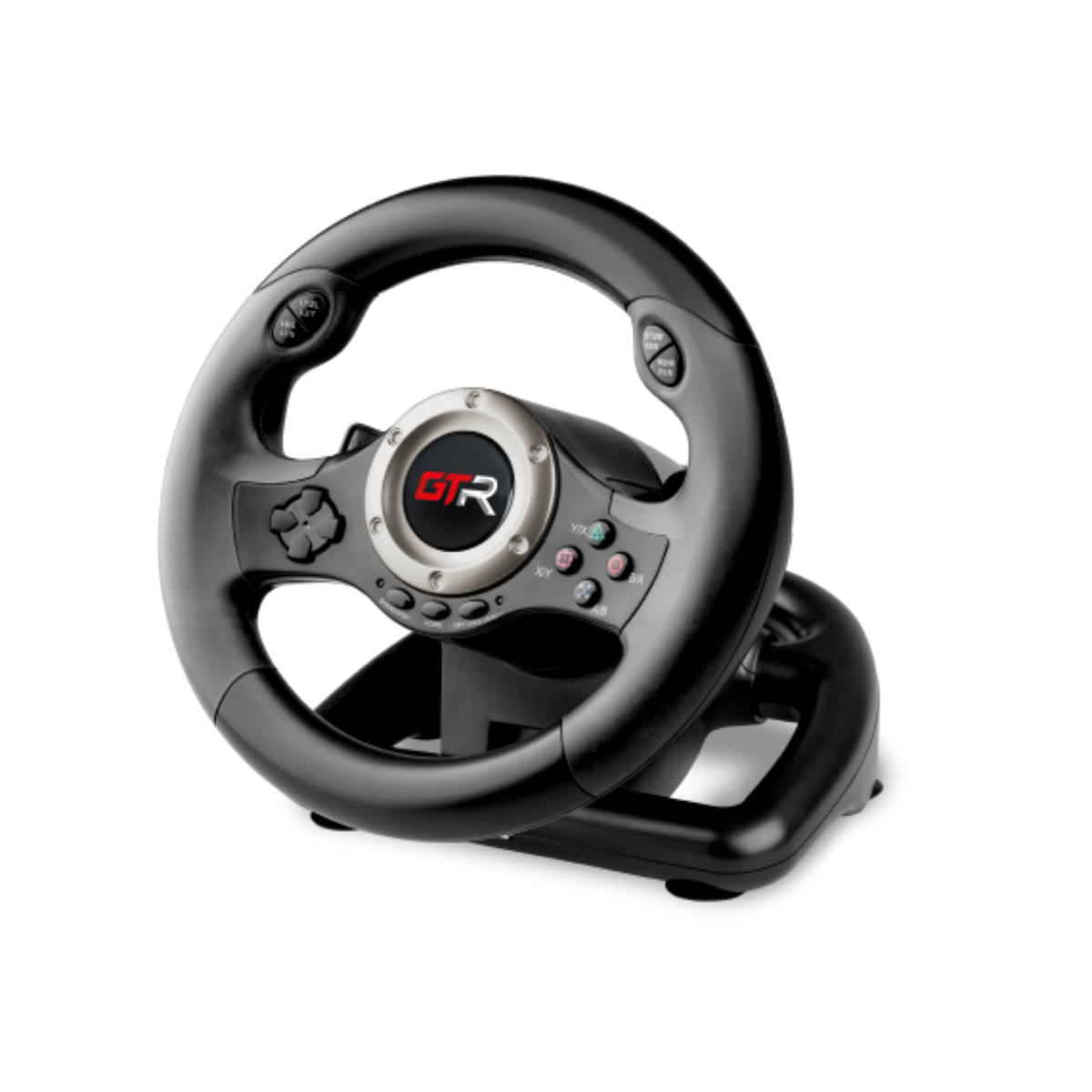 Volante da gioco nero con pulsanti e logo, su un supporto nero.