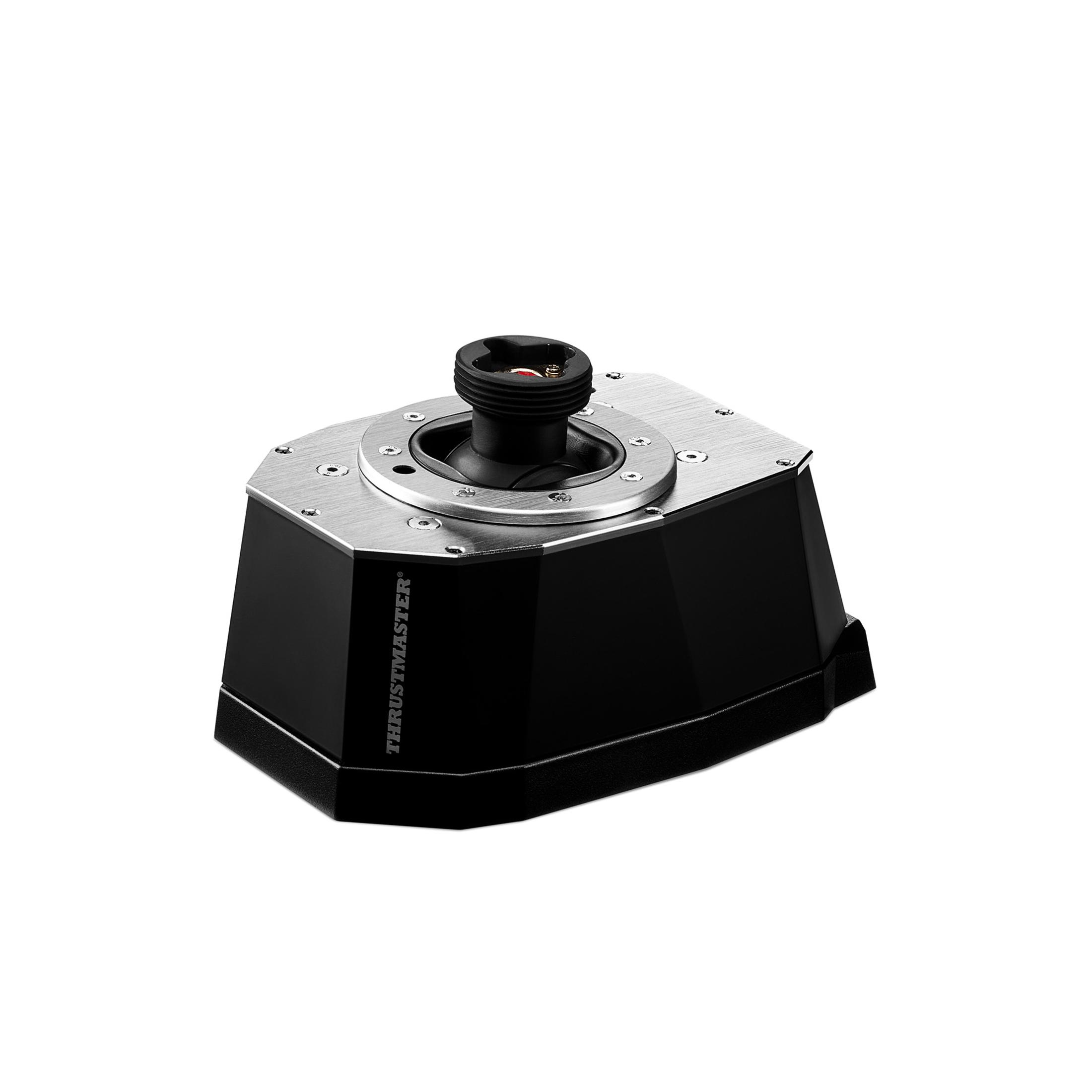 Joystick Thrustmaster noir et argenté. La base est noire, le dessus est argenté et le joystick est noir.