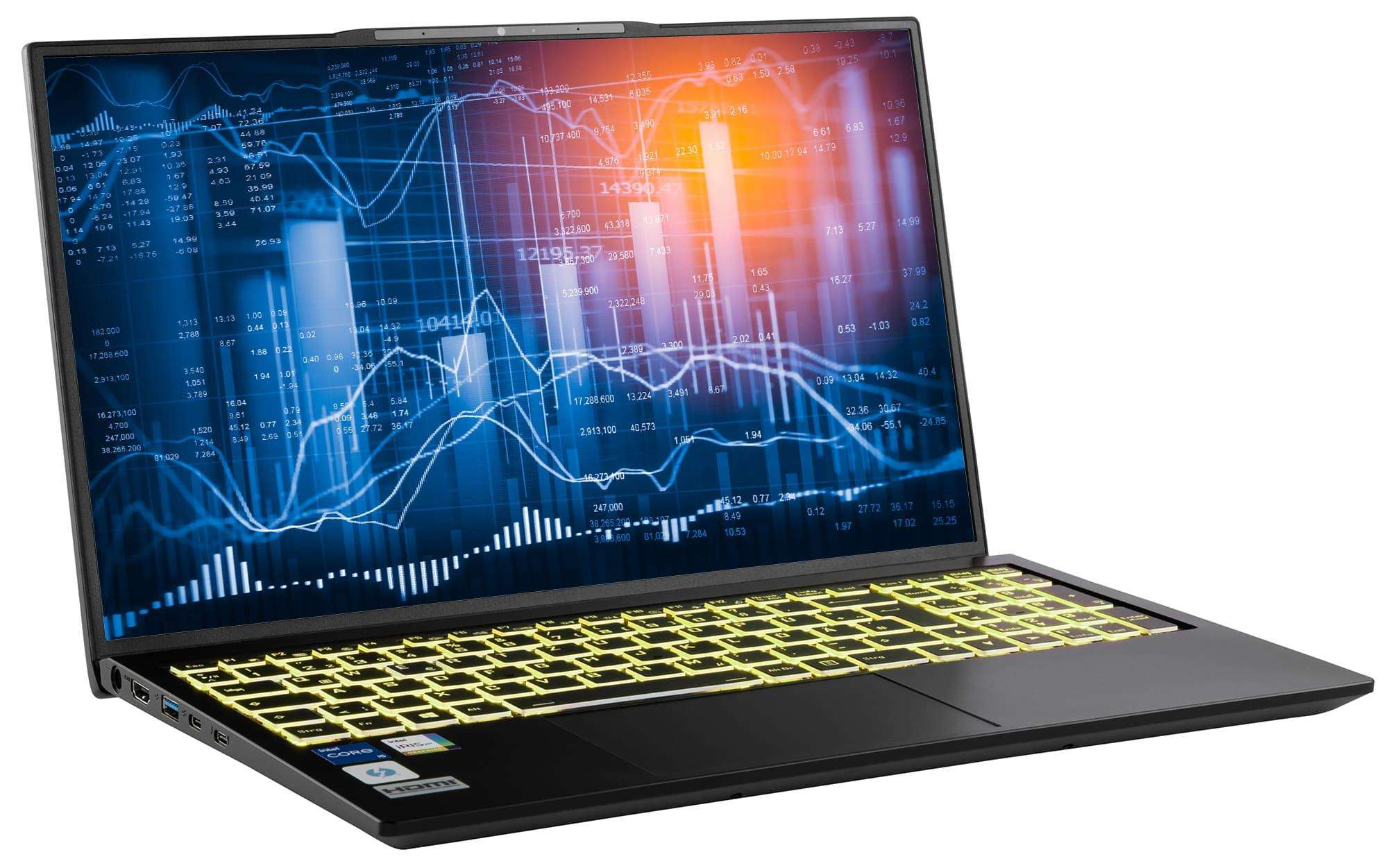 Laptop, der ein Finanzdiagramm anzeigt. Die Tastatur ist beleuchtet. Der Bildschirm zeigt Datenanalyse.