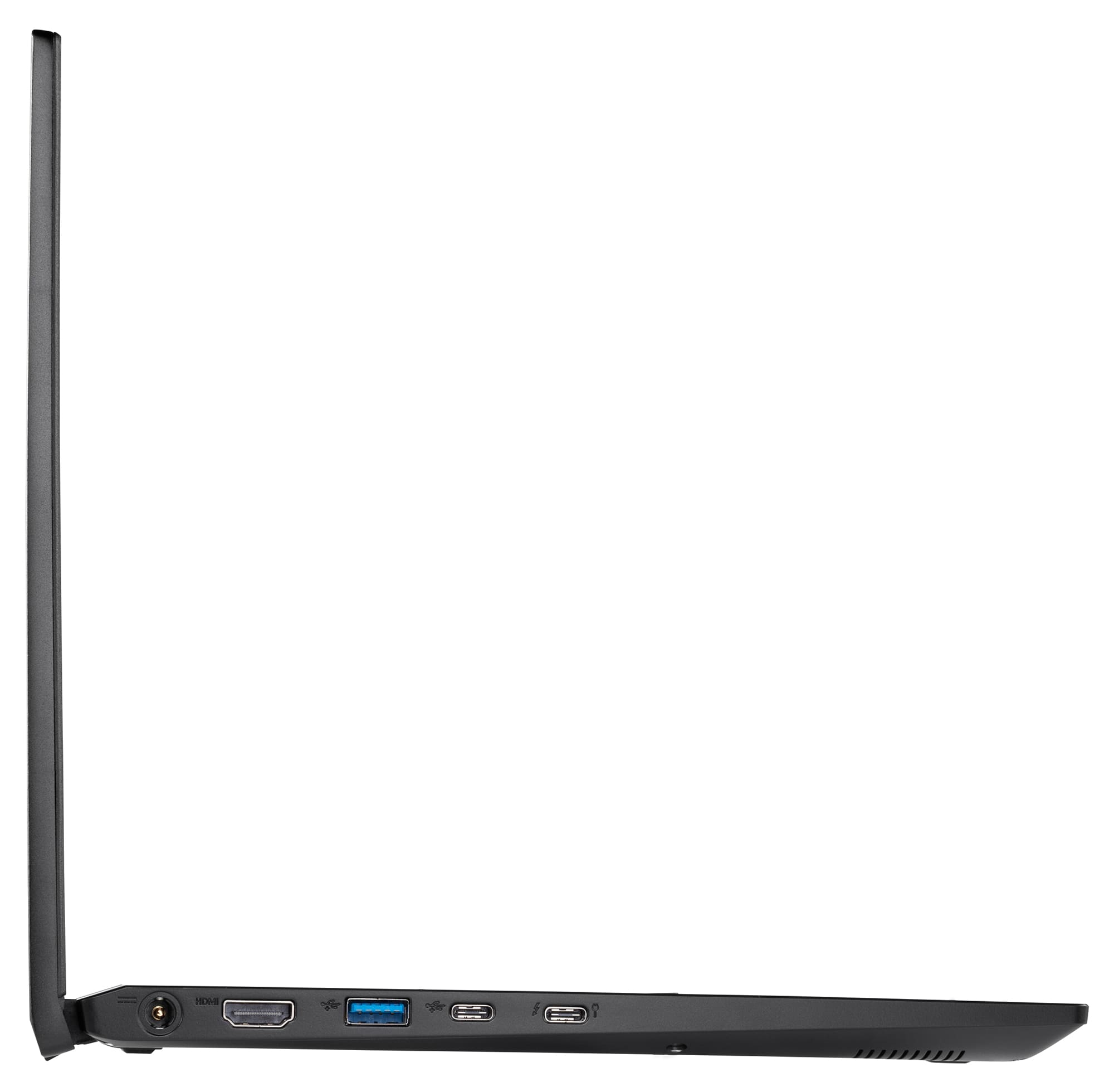 Seitenansicht eines schwarzen Laptops mit Anschlüssen.
