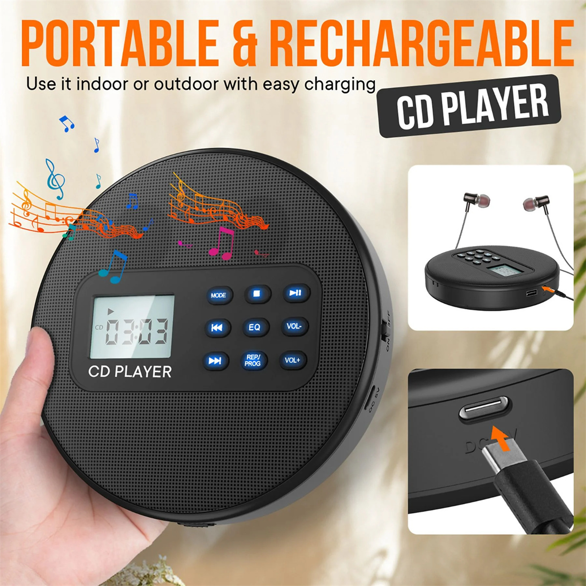 Ein schwarzer tragbarer CD-Player mit beschrifteten Tasten und einem Bildschirm mit Zeitanzeige. Kleine Kopfhörer sind im Einsatz.