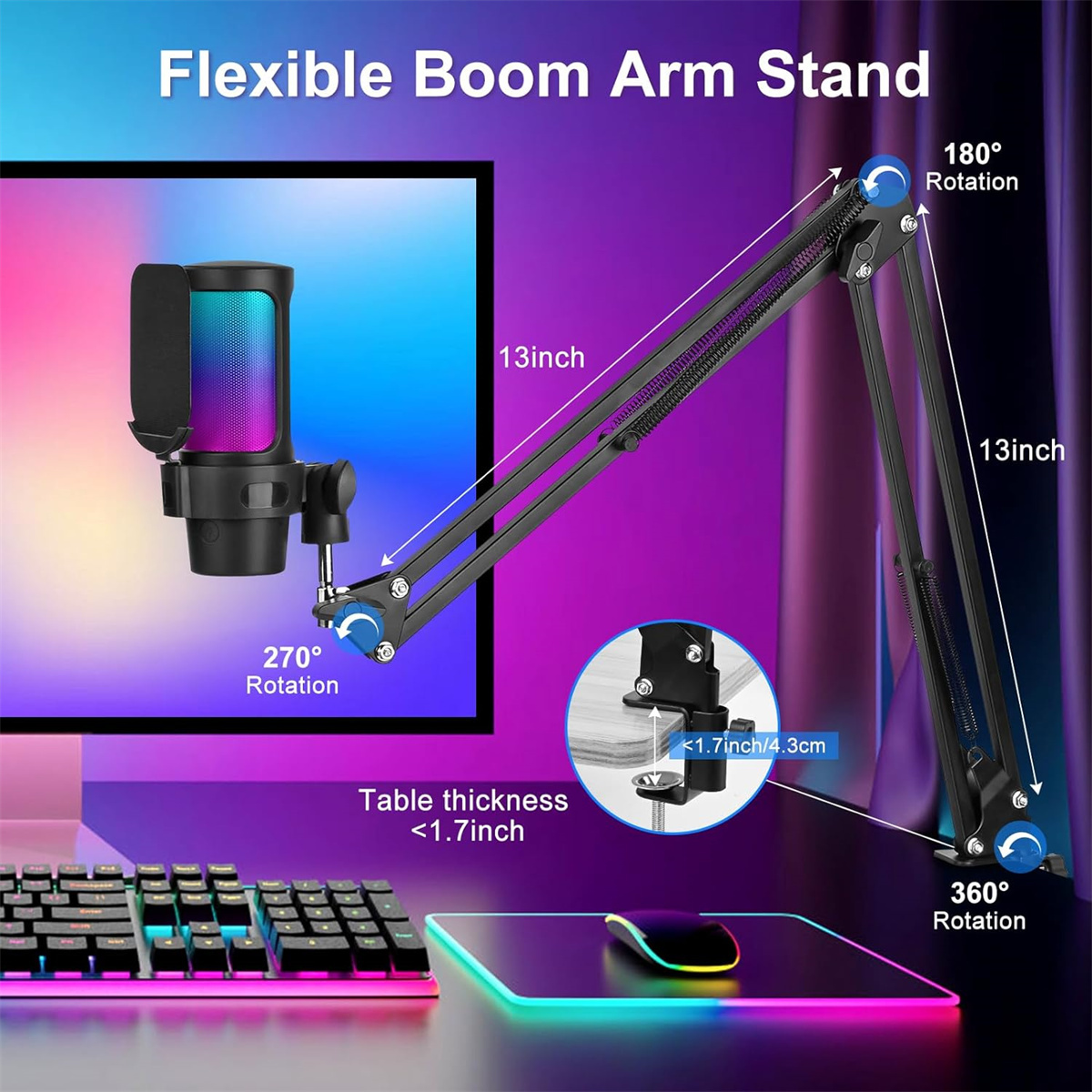 Flexibler Boom-Arm-Ständer mit Mikrofon und Mauspad.