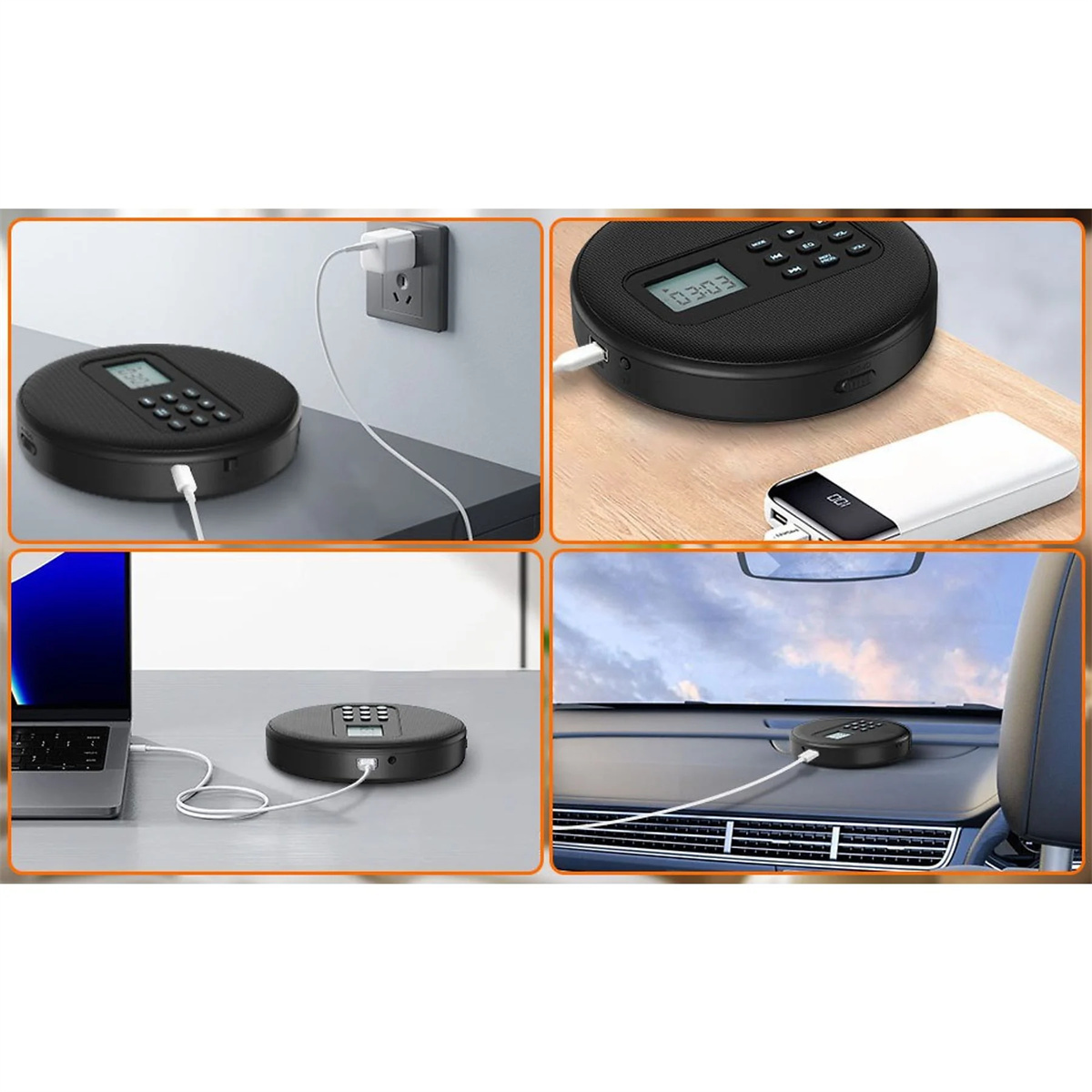 Schwarzer runder CD-Player, der geladen wird, verbunden mit Laptop, Steckdose und Armaturenbrett.