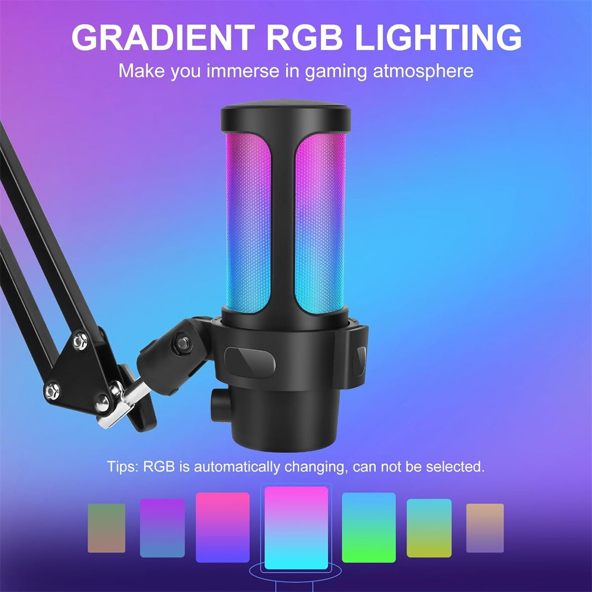 Mikrofon mit Gradienten-RGB-Beleuchtung. Der Hintergrund zeigt ein unscharfes Bild von Iron Man.