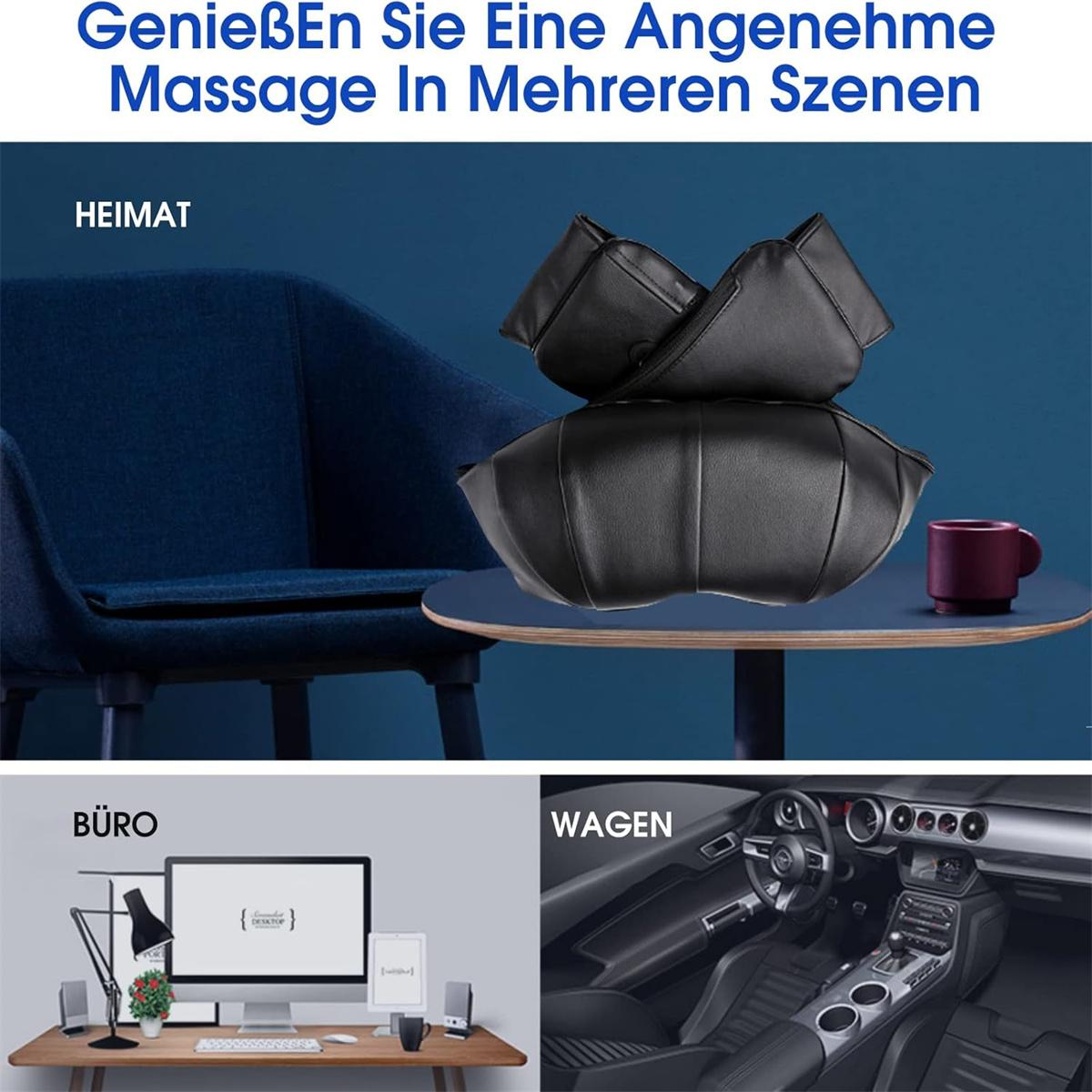 Massagegerät auf einem Tisch. Es gibt drei Szenarien: Zuhause, Büro und Autointerieur.