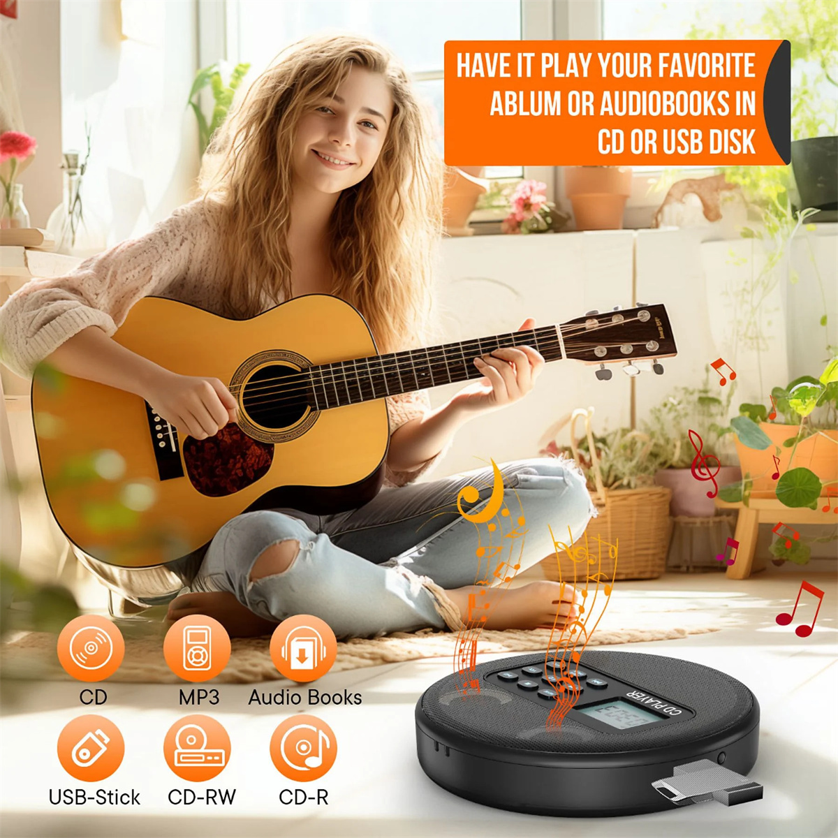 Junge Frau spielt Gitarre mit einem CD-Player und Textüberlagerung. Noten schweben herum.