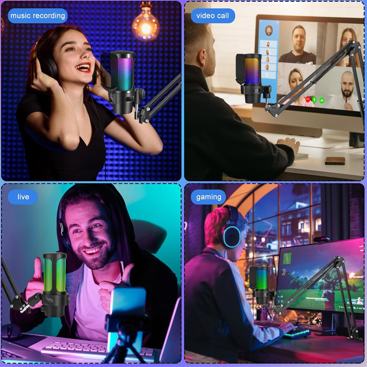 Vier Szenen eines Mikrofons, das für Musik, Videoanrufe, Live-Streaming und Gaming verwendet wird.