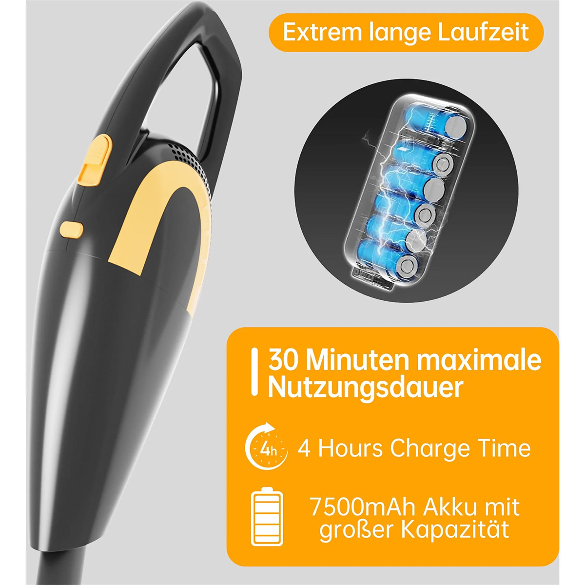 Schwarzer und gelber tragbarer Staubsauger mit Batterieinformationen.