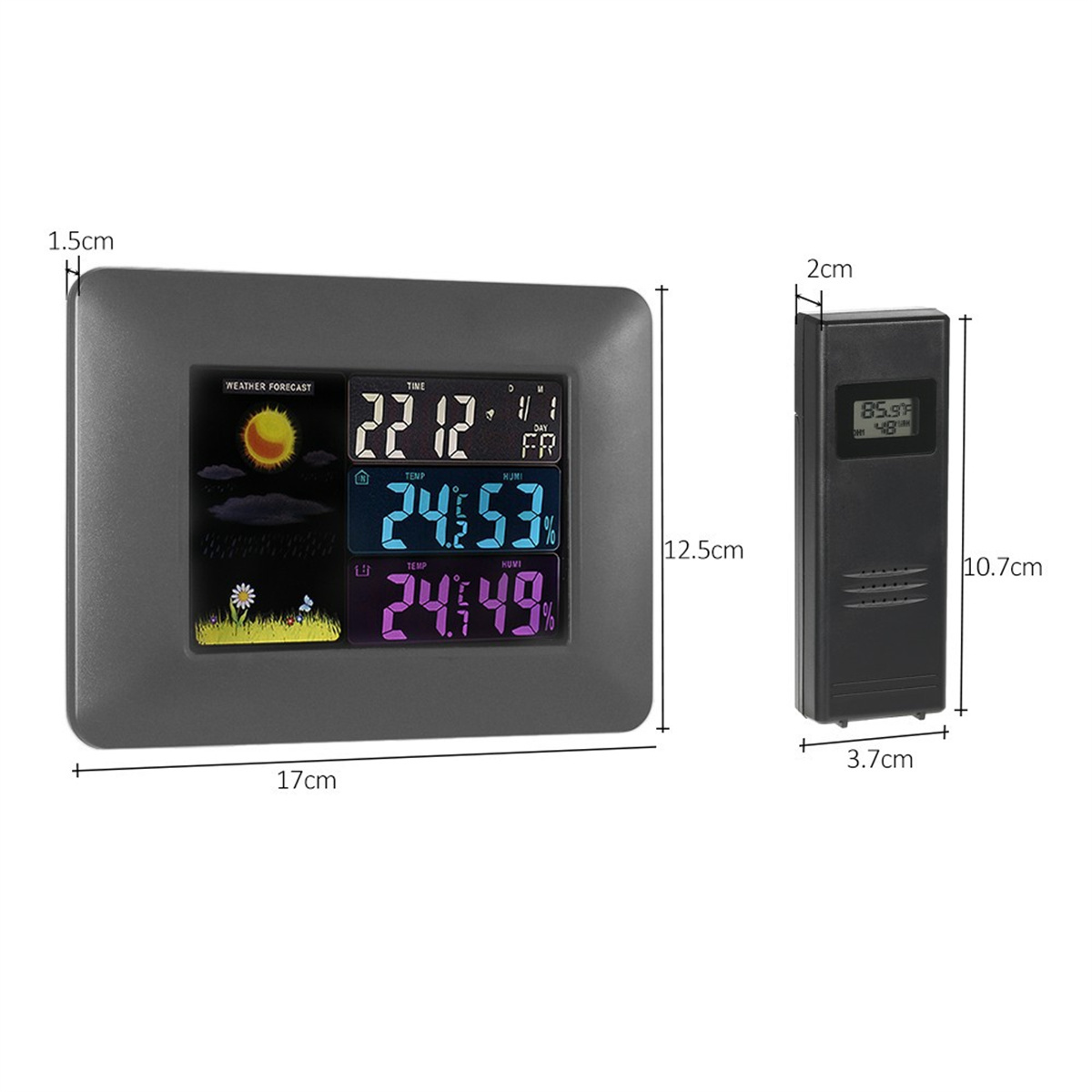 Graue Wetterstation mit Uhrzeit, Temperatur, Luftfeuchtigkeit und Wettervorhersage, mit separatem Sensor.
