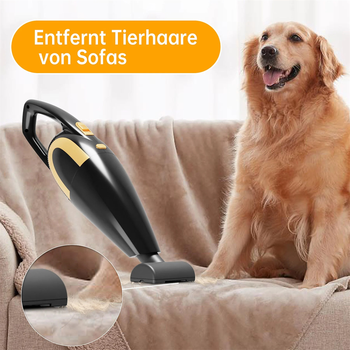 Ein Golden Retriever sitzt auf einem Sofa, während ein Handstaubsauger das Sofa reinigt. Text sagt 'Entfernt Tierhaare'.