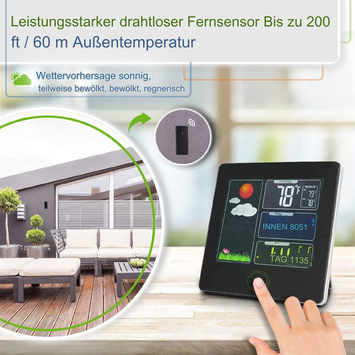 Wetterstation mit Bildschirm, der die Temperatur anzeigt, und einem Fernsensor auf einem Tisch.