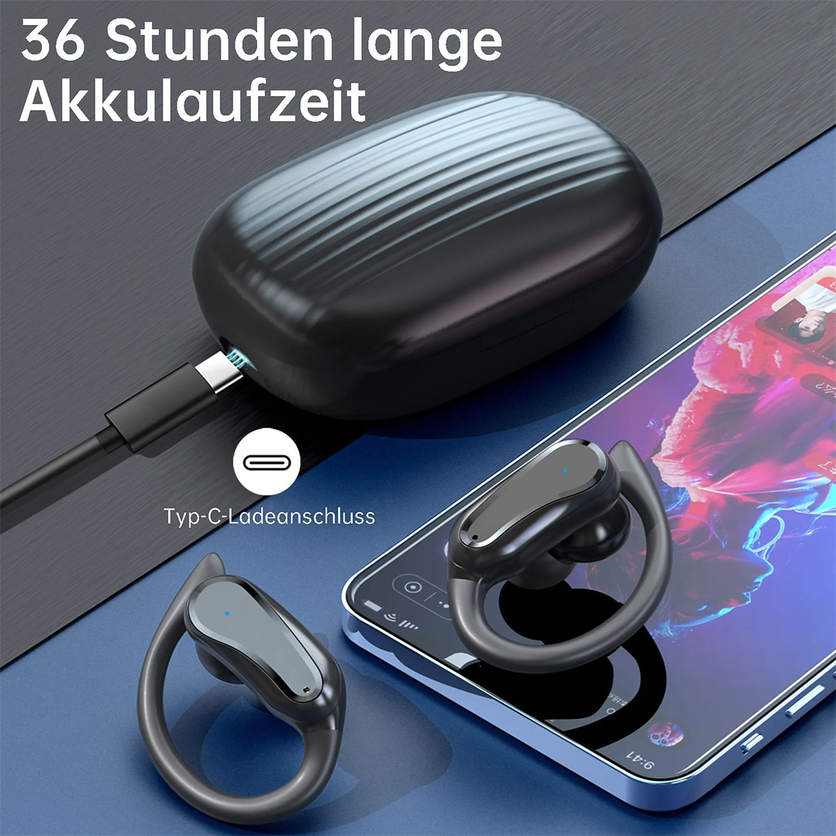 Ohrhörer laden mit einem Telefon, schwarzes Gehäuse.