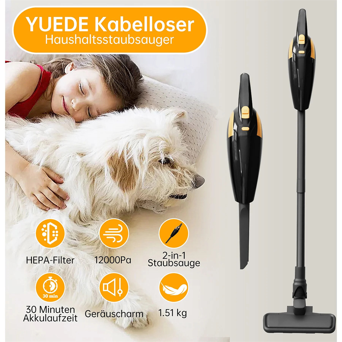 Ein Mädchen schläft neben einem Hund, Staubsauger und Symbolen. Weißer Hintergrund.