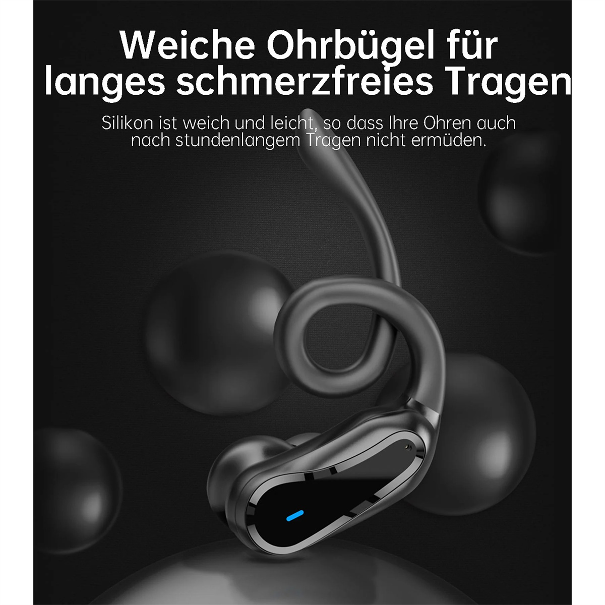 Schwarze Ohrhörer mit geschwungenem Design, Text über weiche Ohrstöpsel für bequemes Tragen.