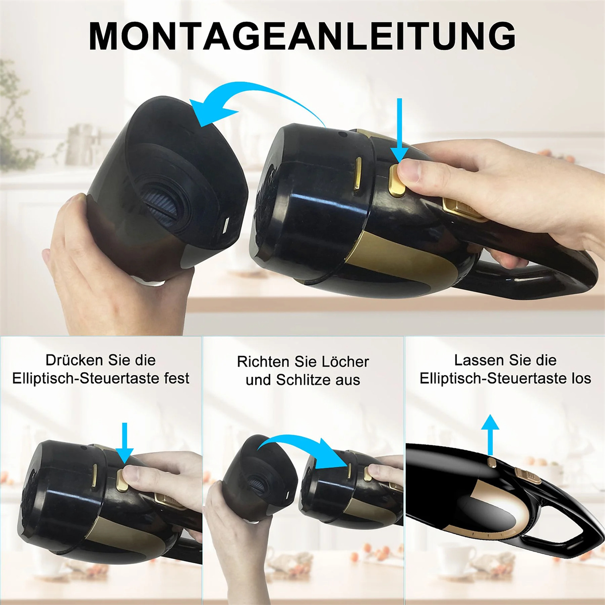 Montageanleitung mit drei Schritten für einen schwarz-goldenen Staubsauger, die Montage zeigend.