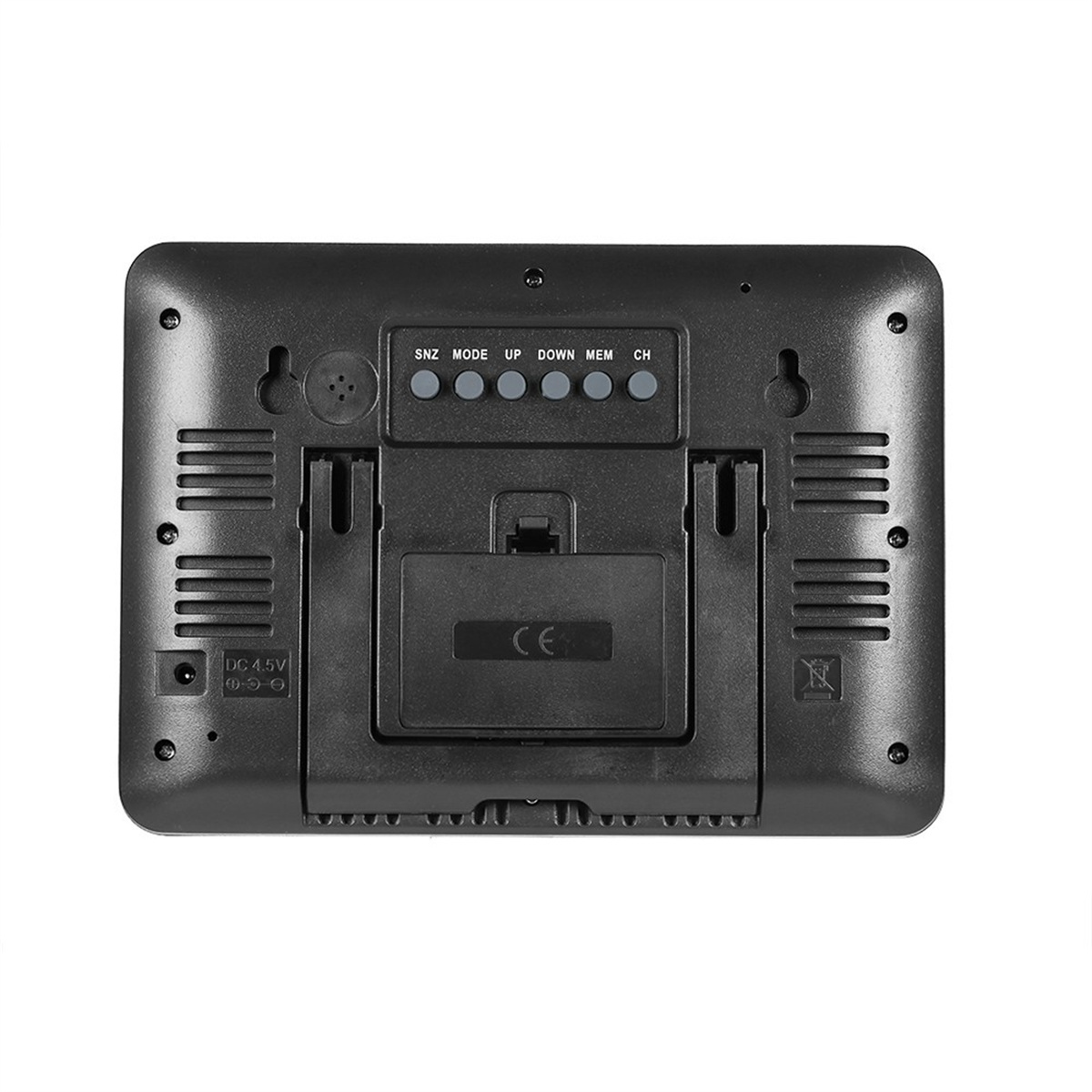 Schwarze Digitaluhr mit Knöpfen und Batteriefach auf der Rückseite.