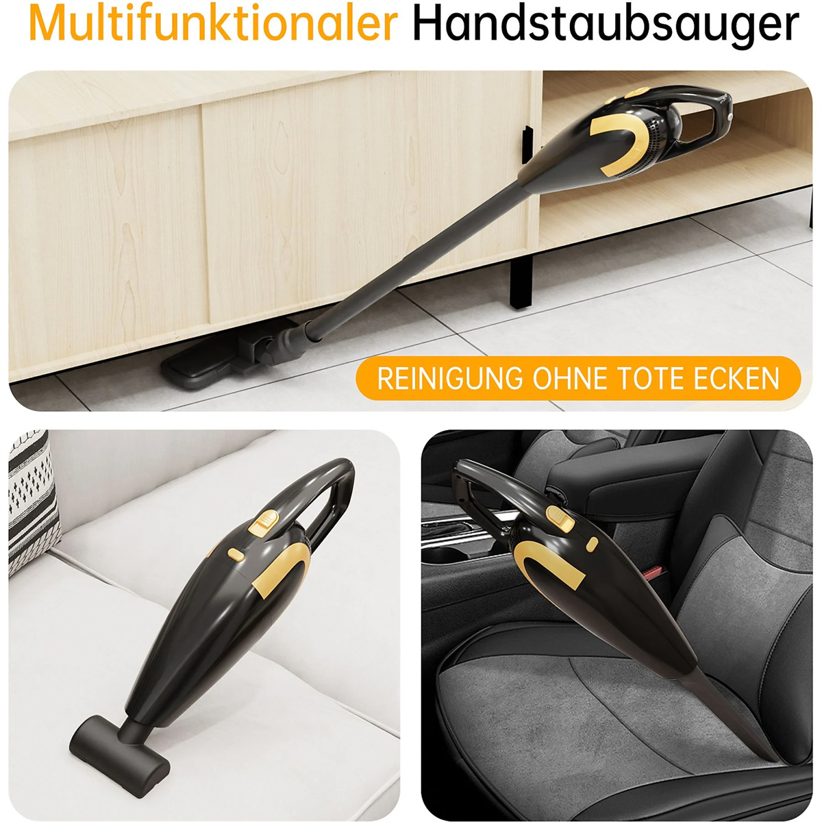 Ein schwarz-goldener Handstaubsauger in verschiedenen Anwendungen: Möbel, Autositze.