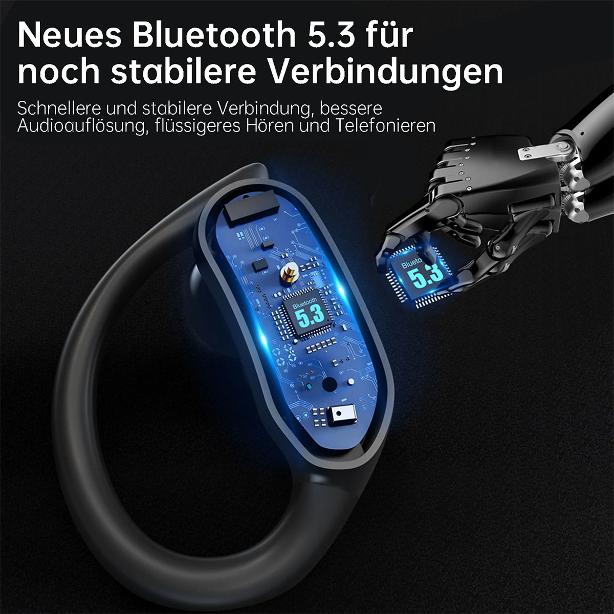 Kopfhörer mit blauem Innendesign, Text auf Deutsch über Bluetooth 5.3, mit Roboterarm.